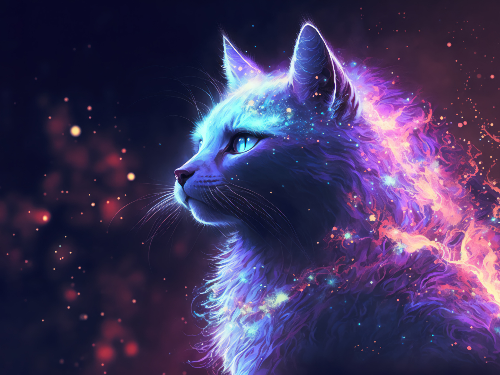 Неоновый фантастический кот с голубыми глазами