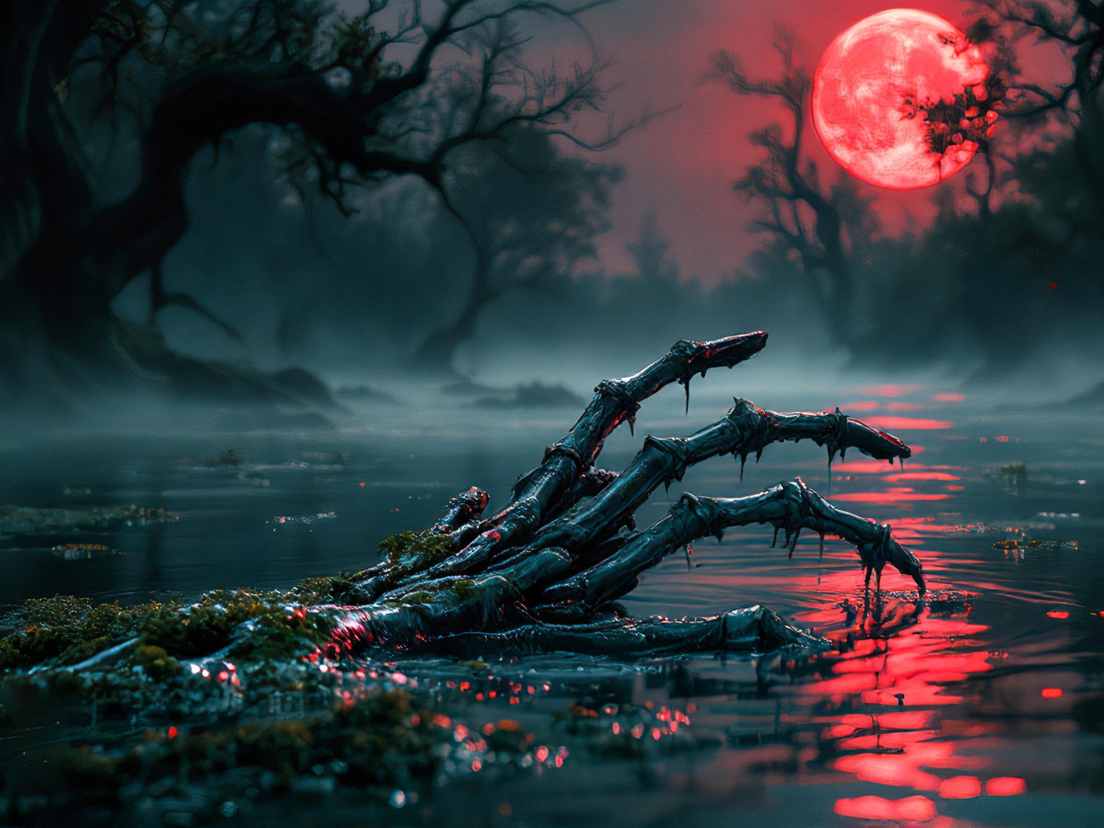 Рука скелета в воде на фоне красной луны