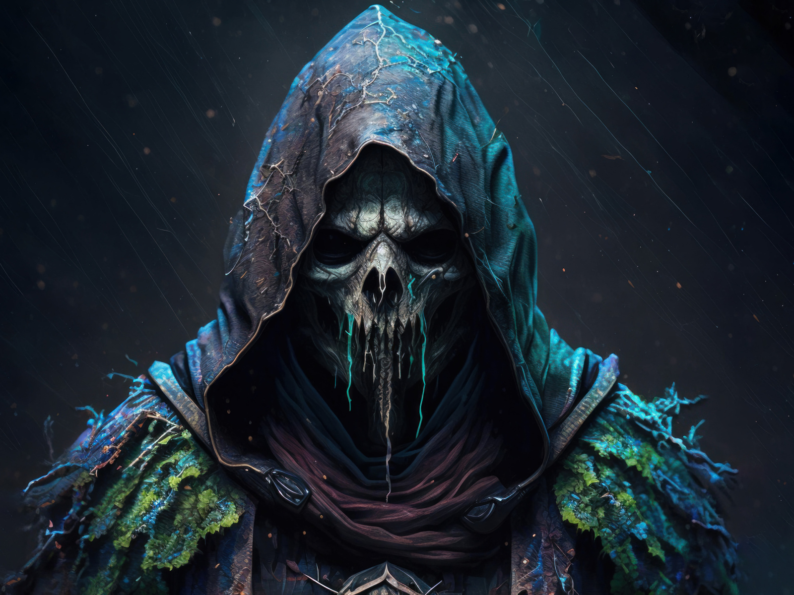 Скелет в плаще с капюшоном на черном фоне