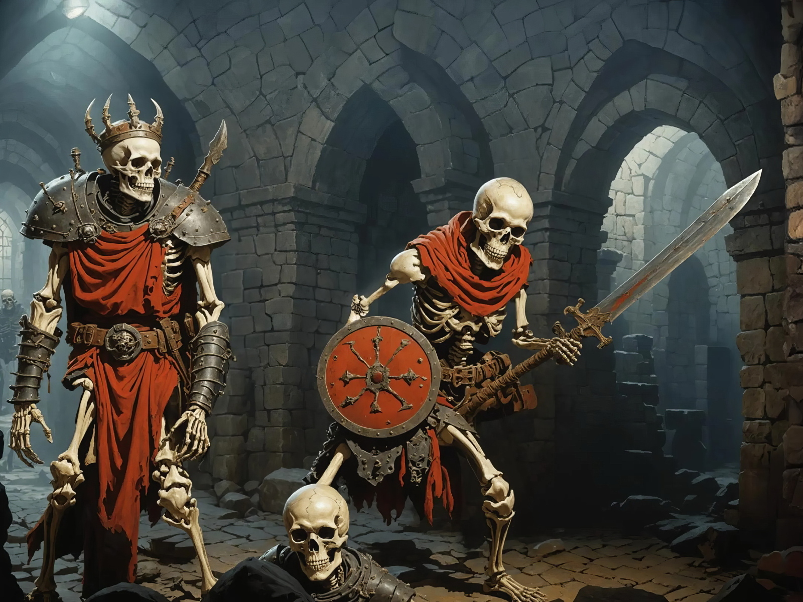 Скелеты в доспехах с оружием в руках в старинном замке