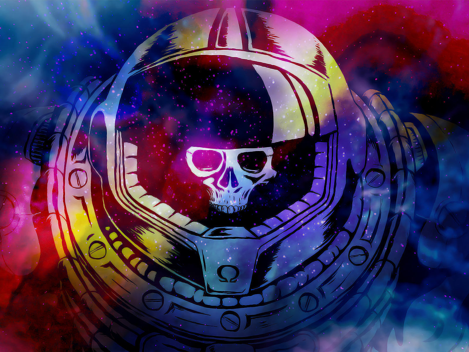 Череп в скафандре на разноцветном абстрактном фоне