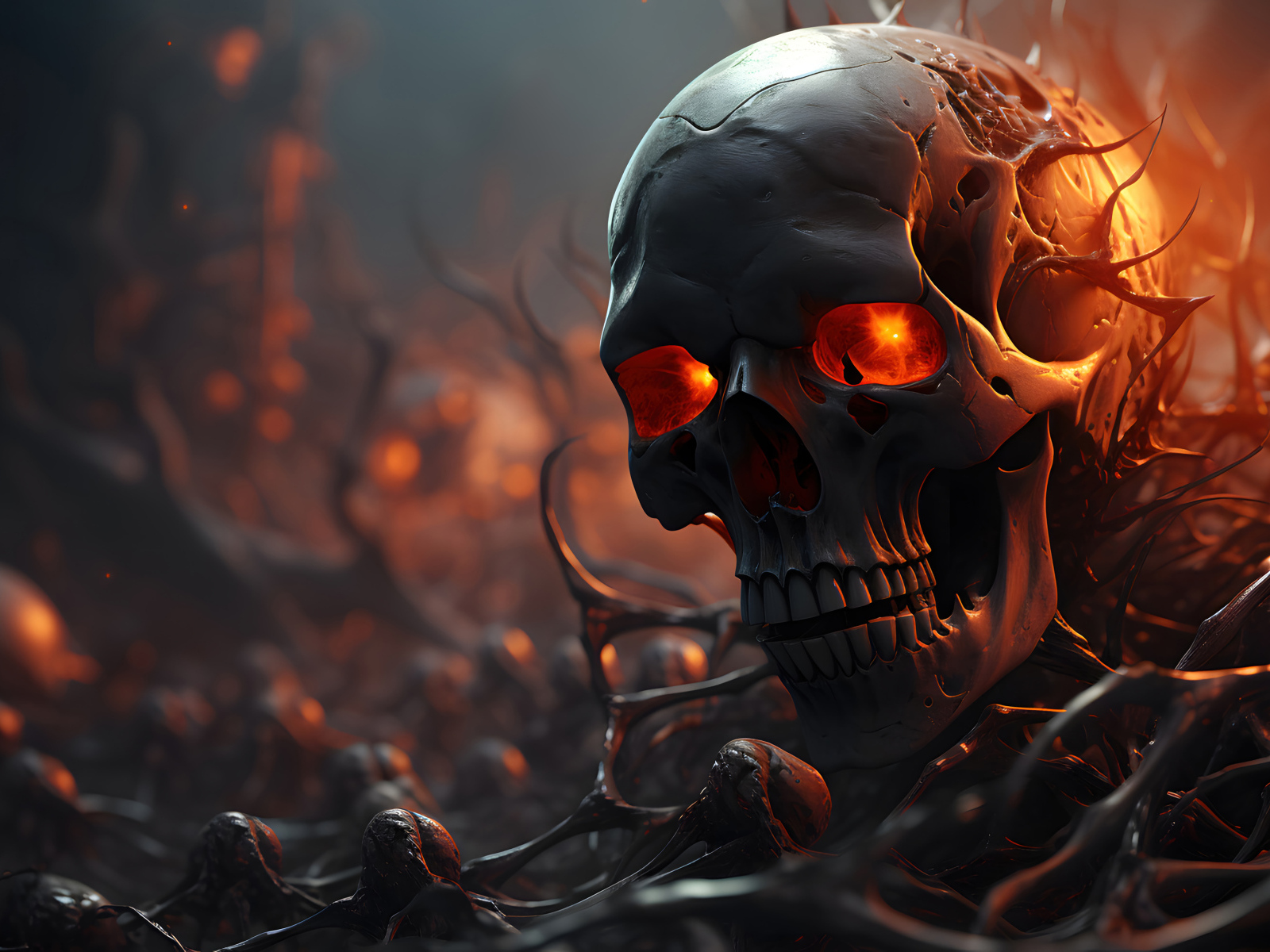 Череп со светящимися глазами на земле