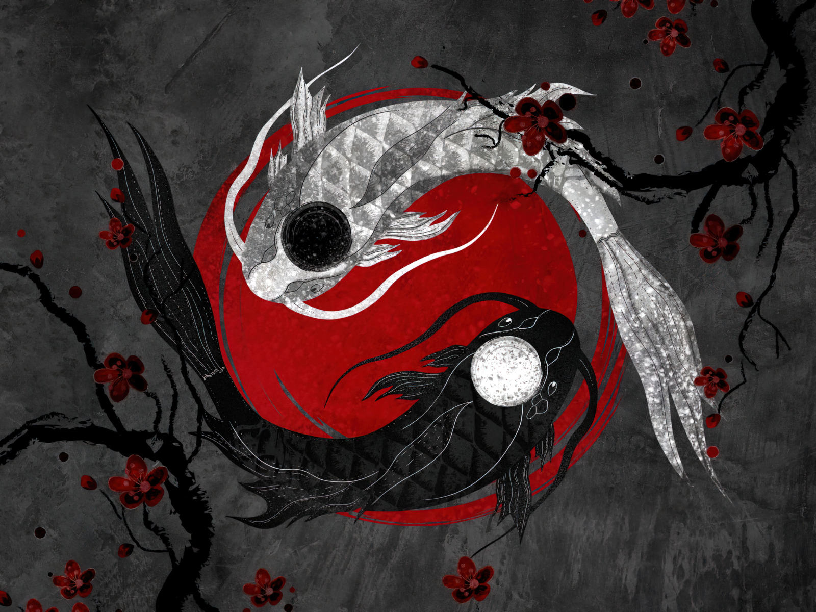 Две рыбы инь и янь на сером фоне