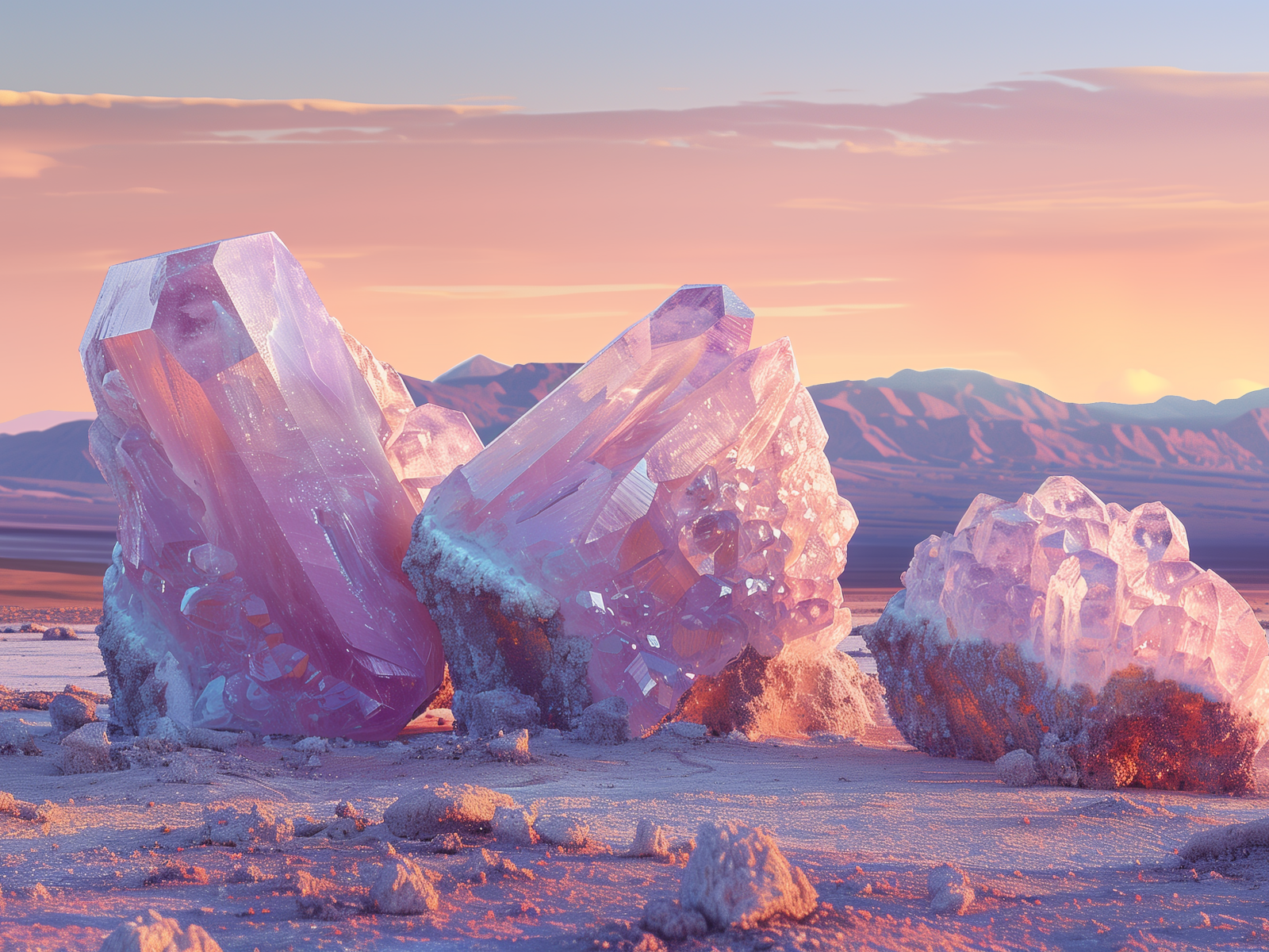 Большие розовые минералы на песке