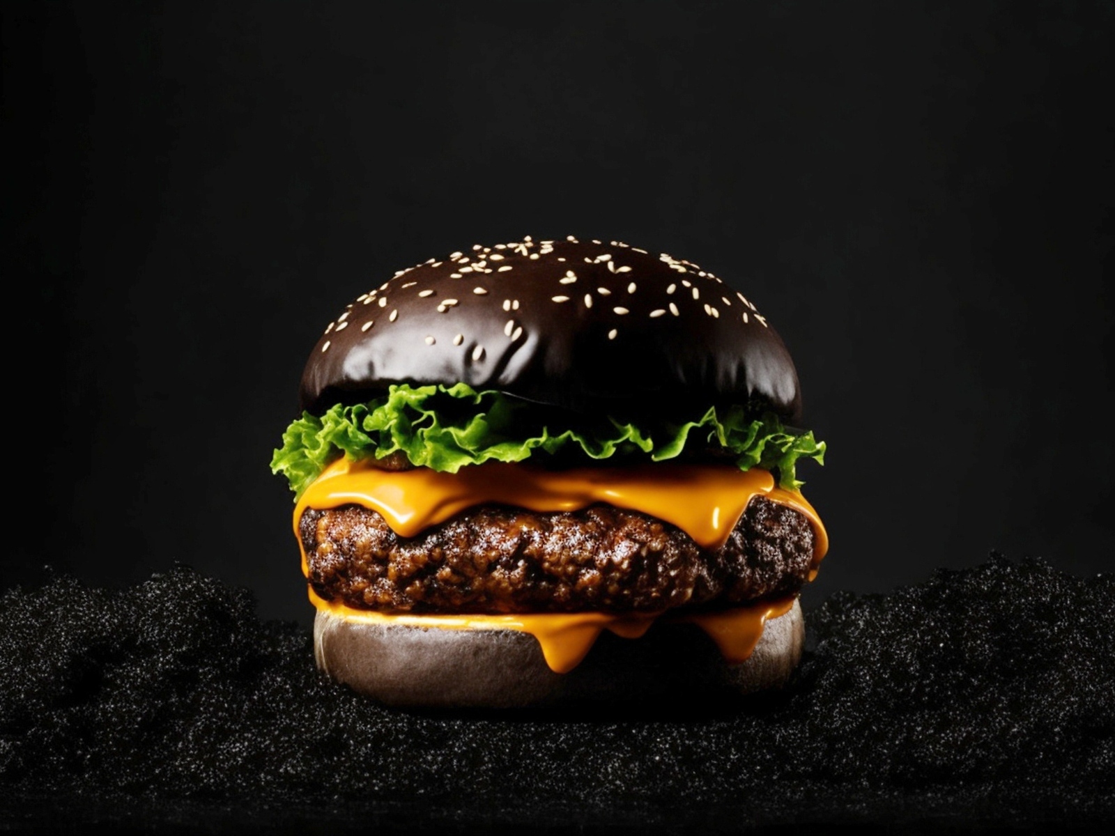 Большой сочный черный гамбургер крупным планом