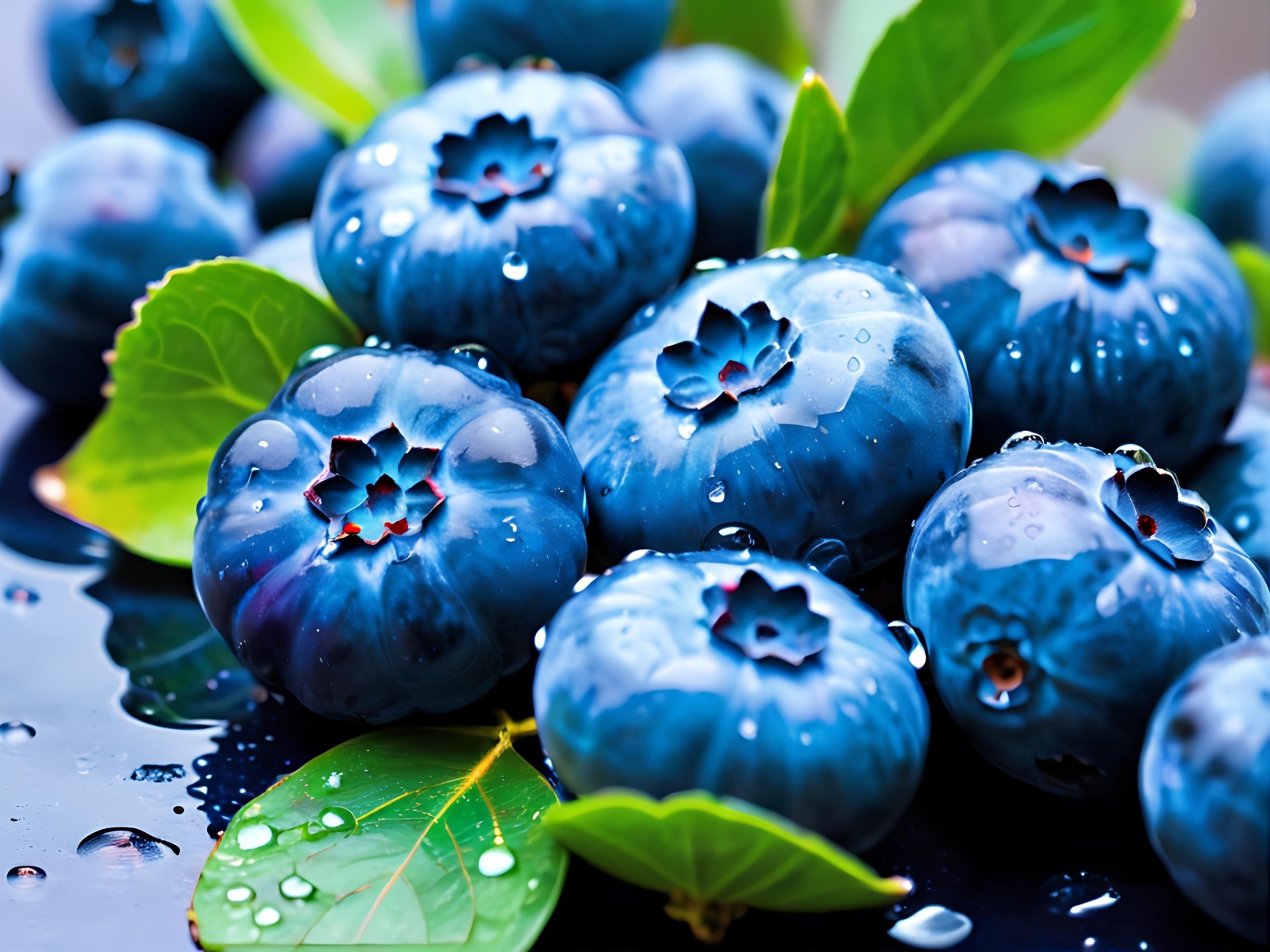 Синие ягоды черники в каплях воды