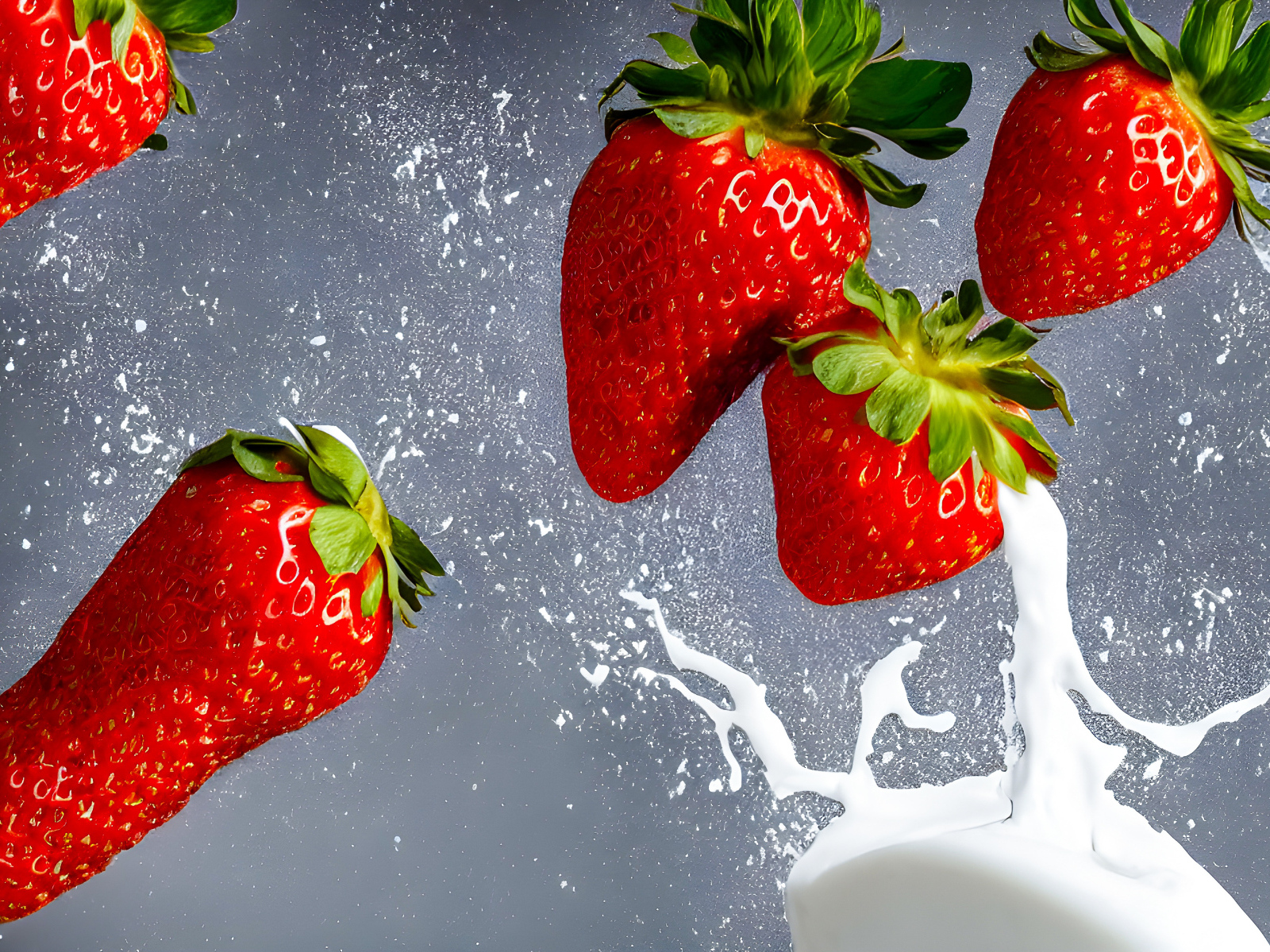 Красная клубника с брызгами молока на сером фоне