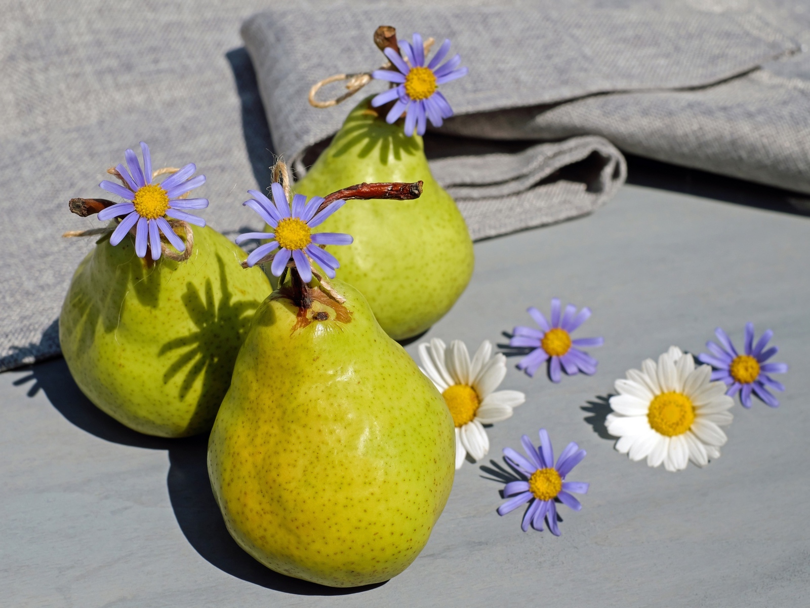Три зеленые груши с цветами