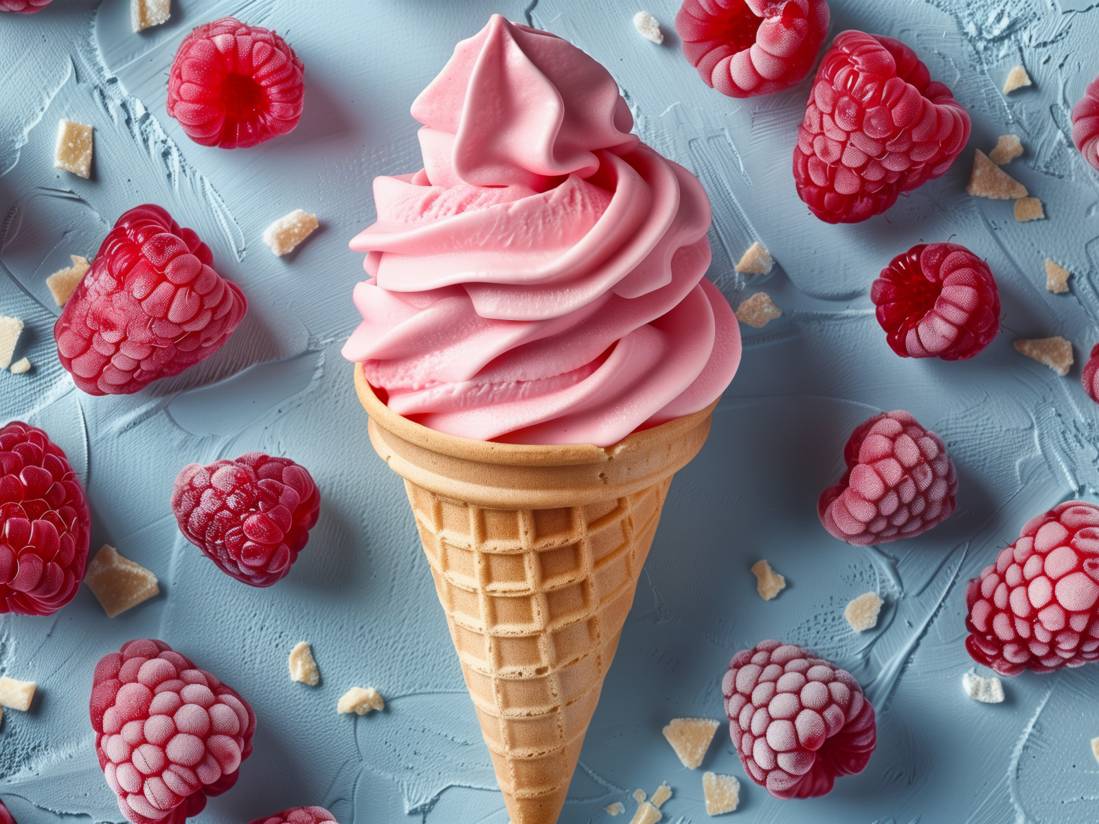 Аппетитный вафельный рожок с мороженым и ягодами малины