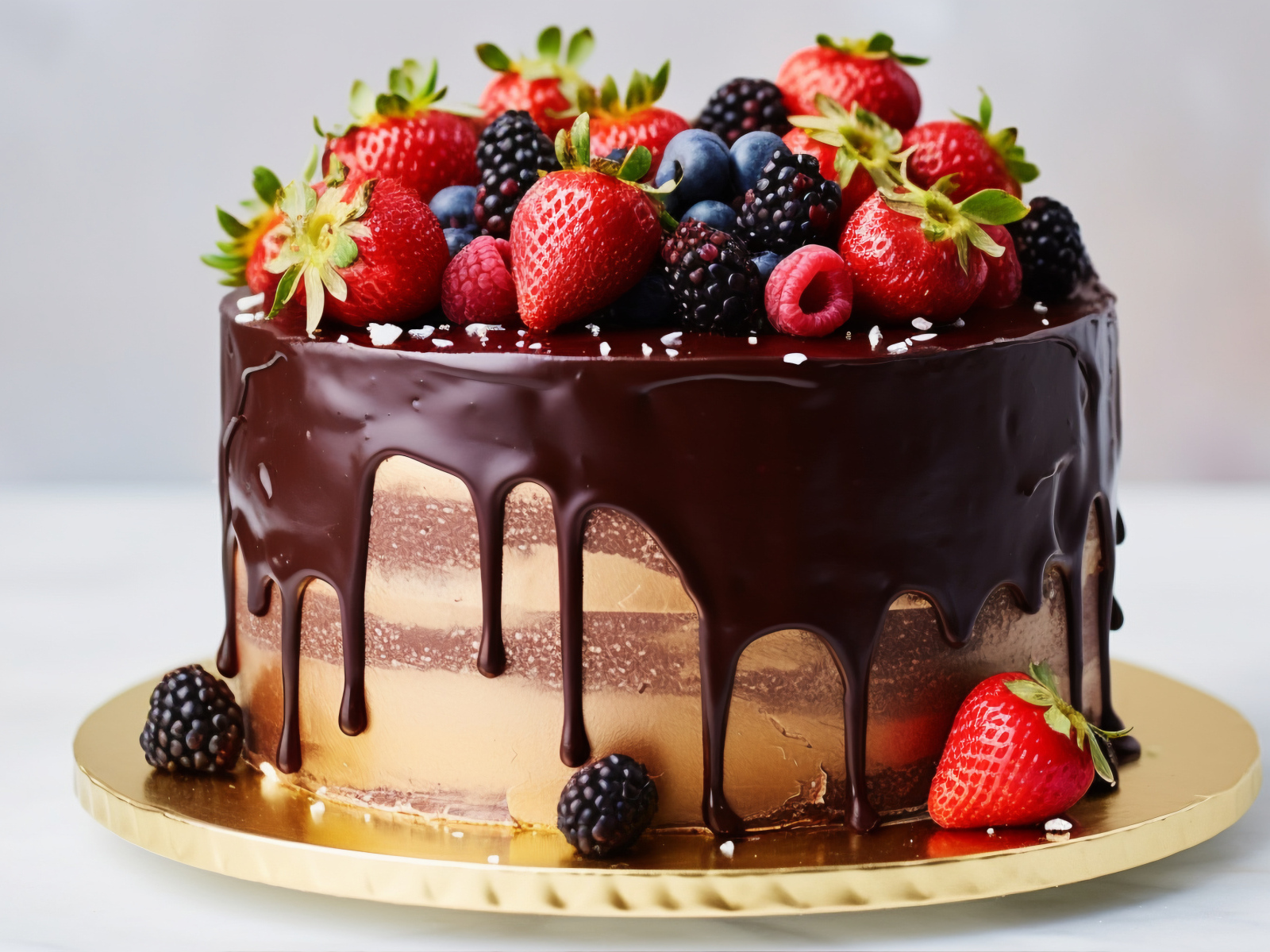 Торт в шоколадной глазури со свежими ягодами