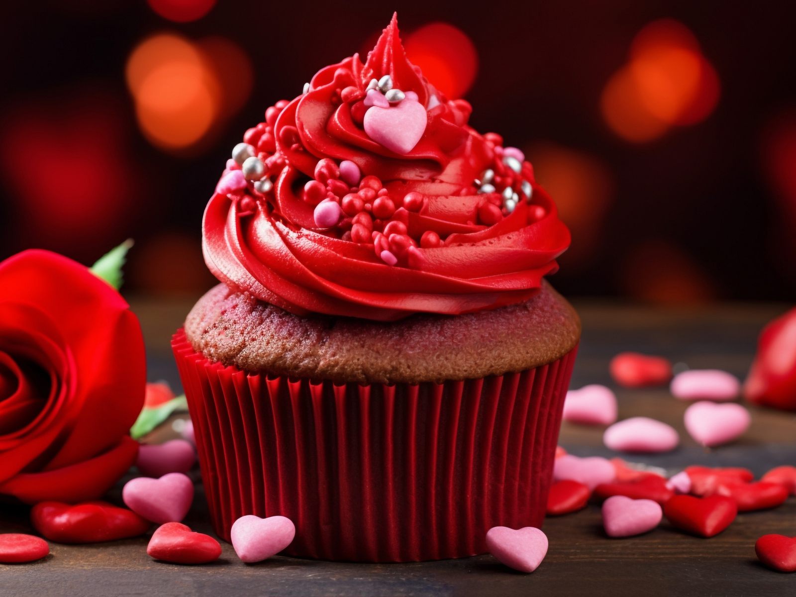 Кекс с красным кремом, розой и конфетами