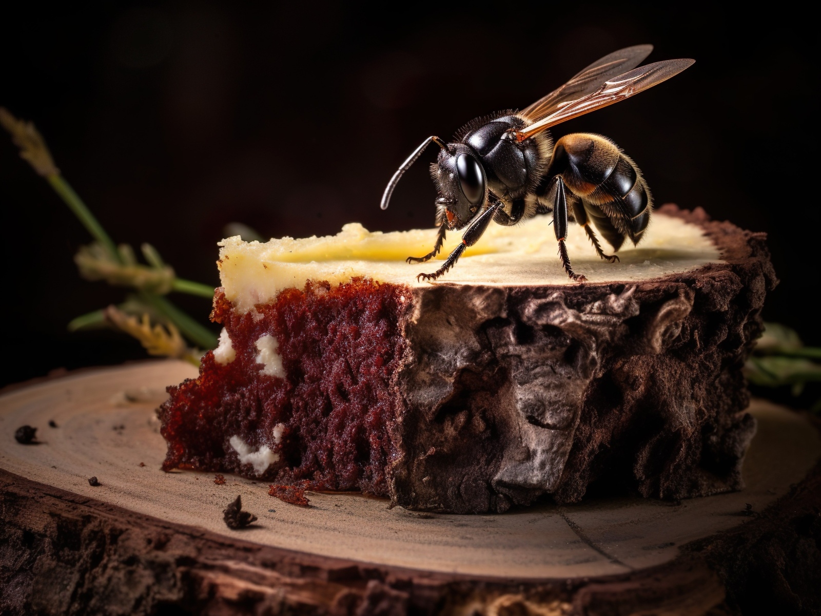 Большой кусок шоколадного торта с пчелой