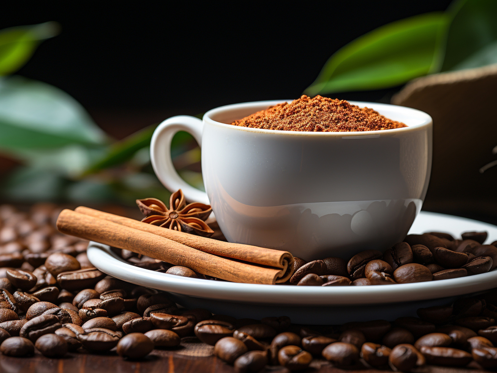 Чашка с молотым кофе на столе с зернами и корицей