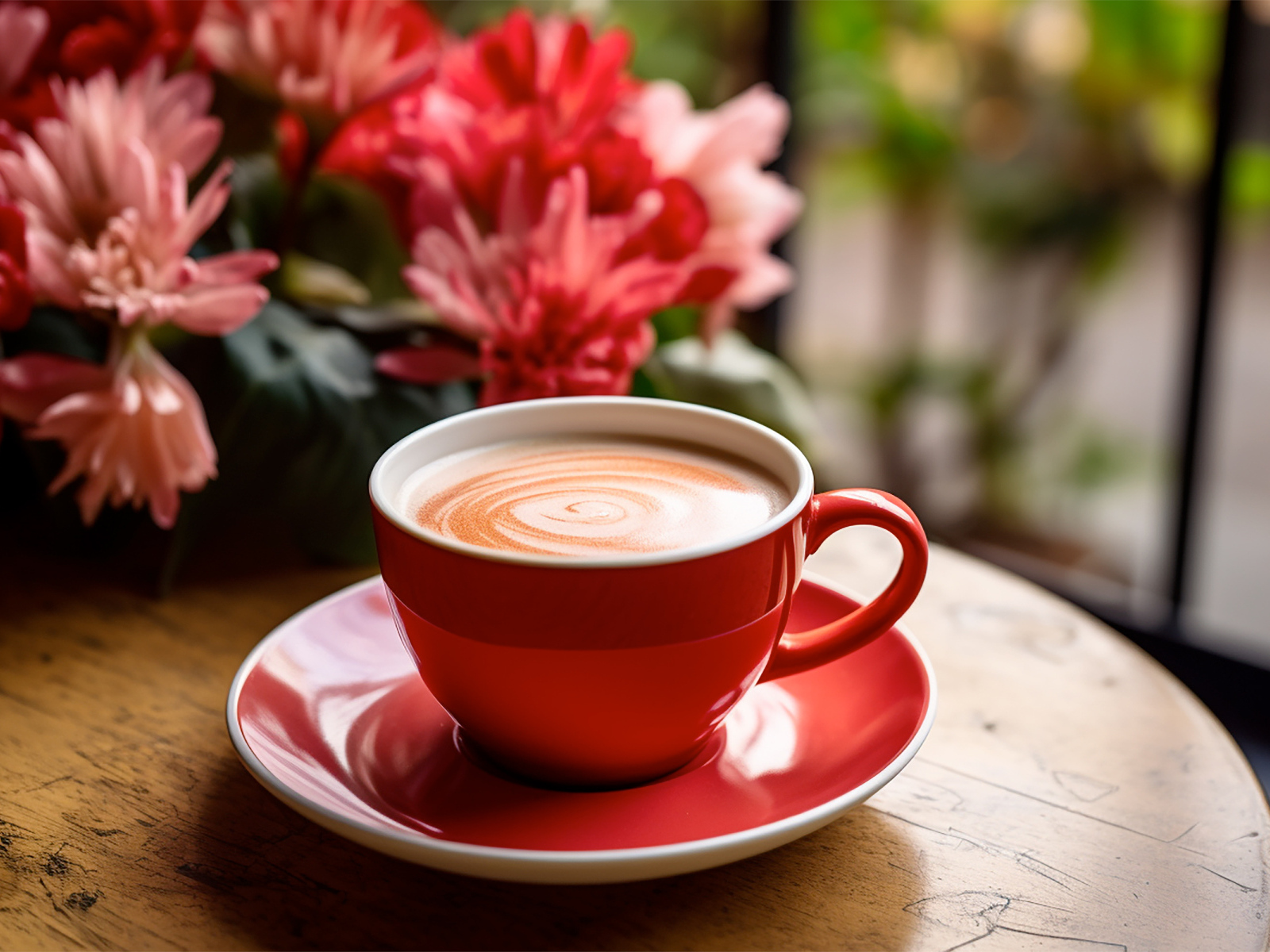 Большая красная чашка кофе на столе с цветами