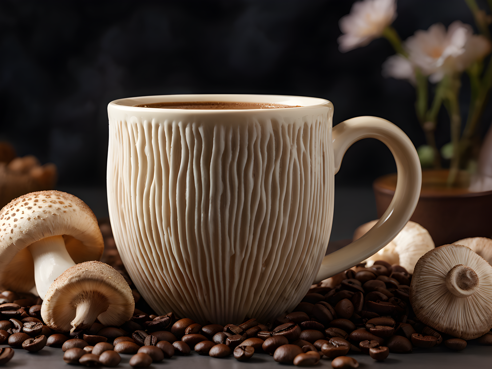 Необычная кружка на столе с грибами и кофейными зернами