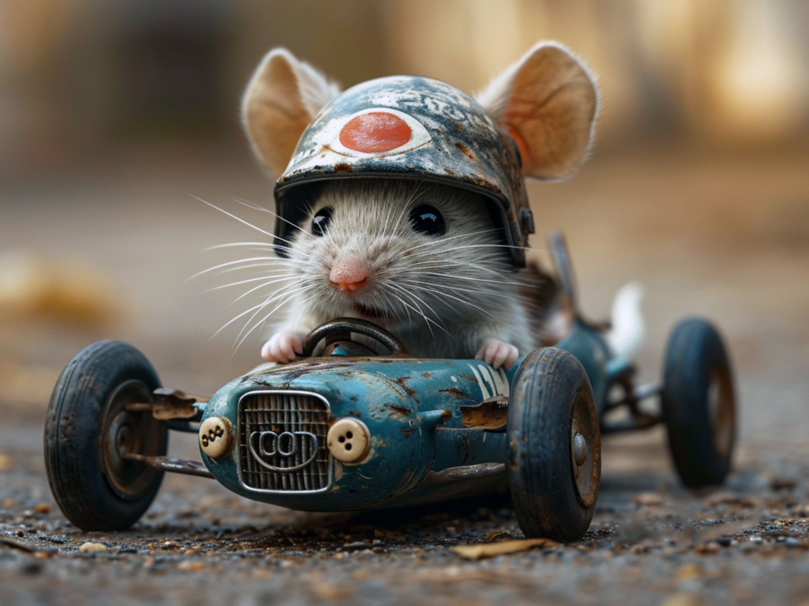 Маленький серый мышонок на игрушечном автомобиле
