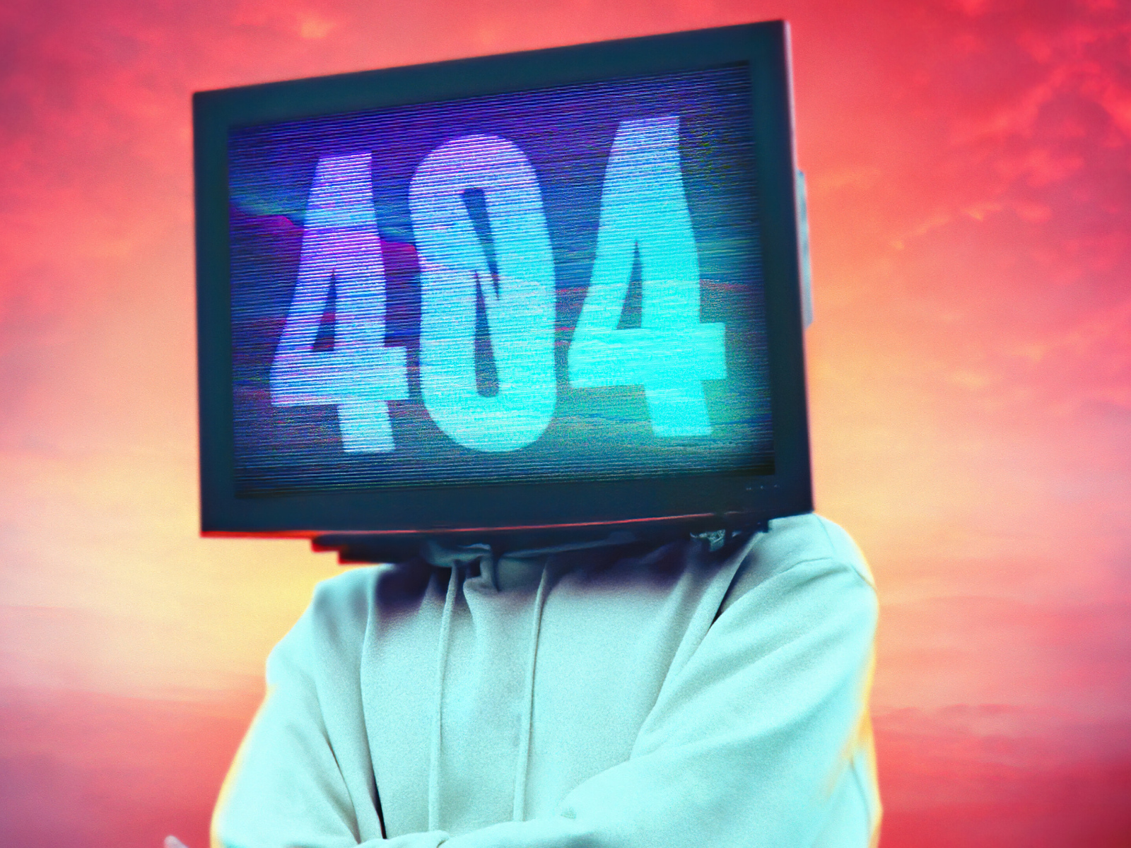 Монитор на лице с ошибкой 404 на красном фоне