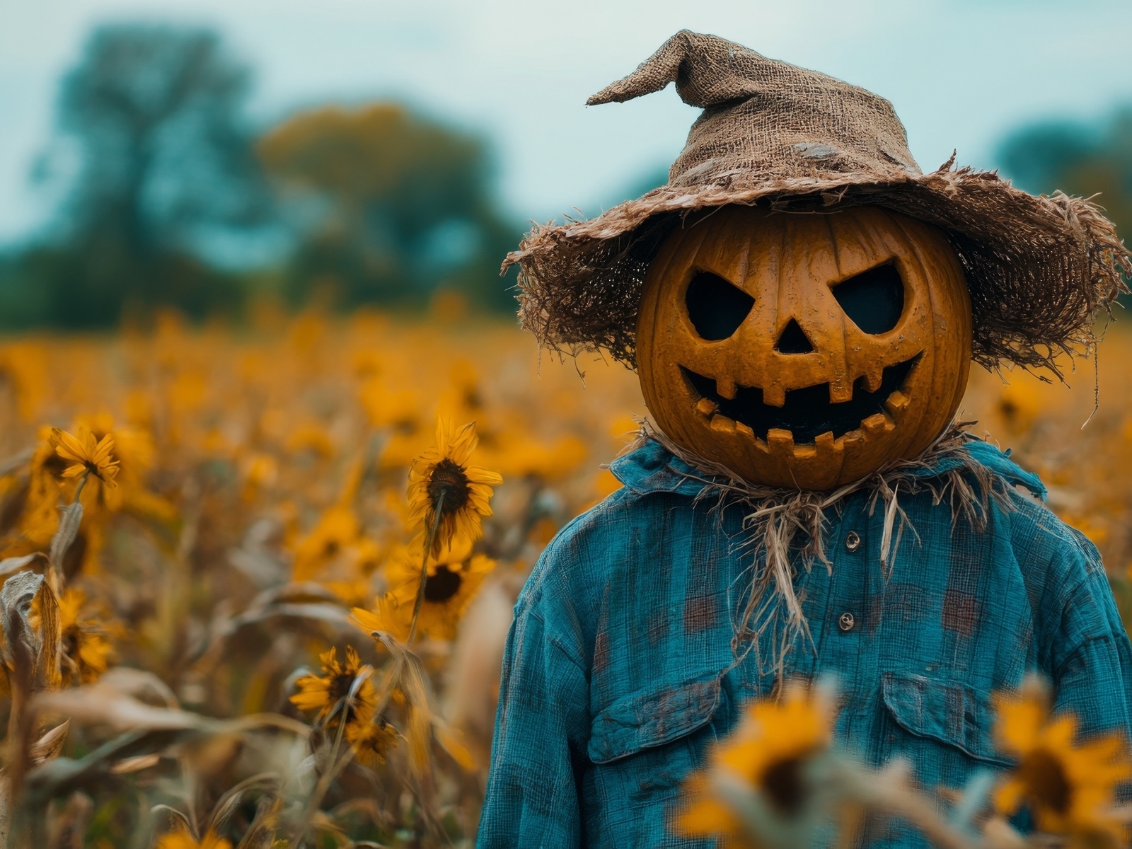 Пугало из тыквы в рубашке на поле