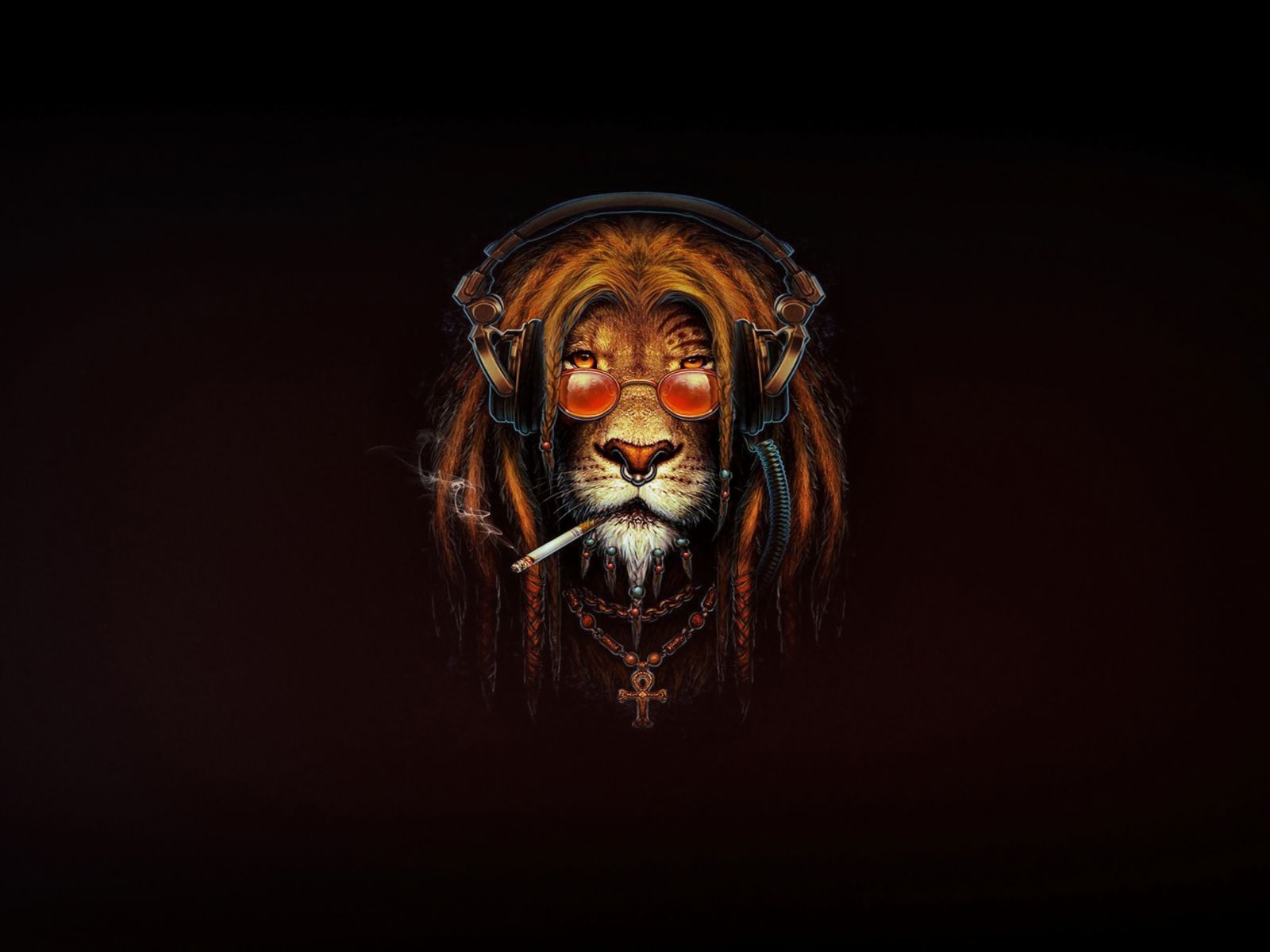 Лев растаман с сигаретой на черном фоне