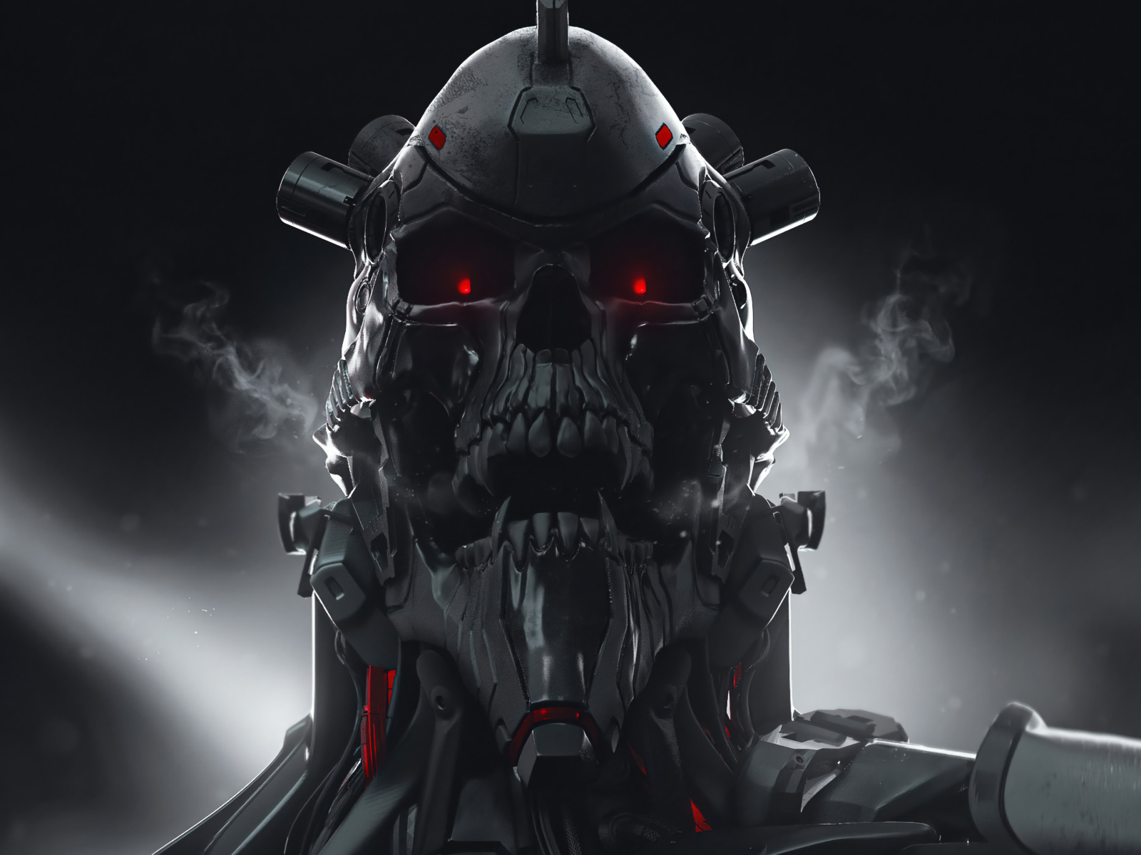 Злой солдат андроид на сером фоне