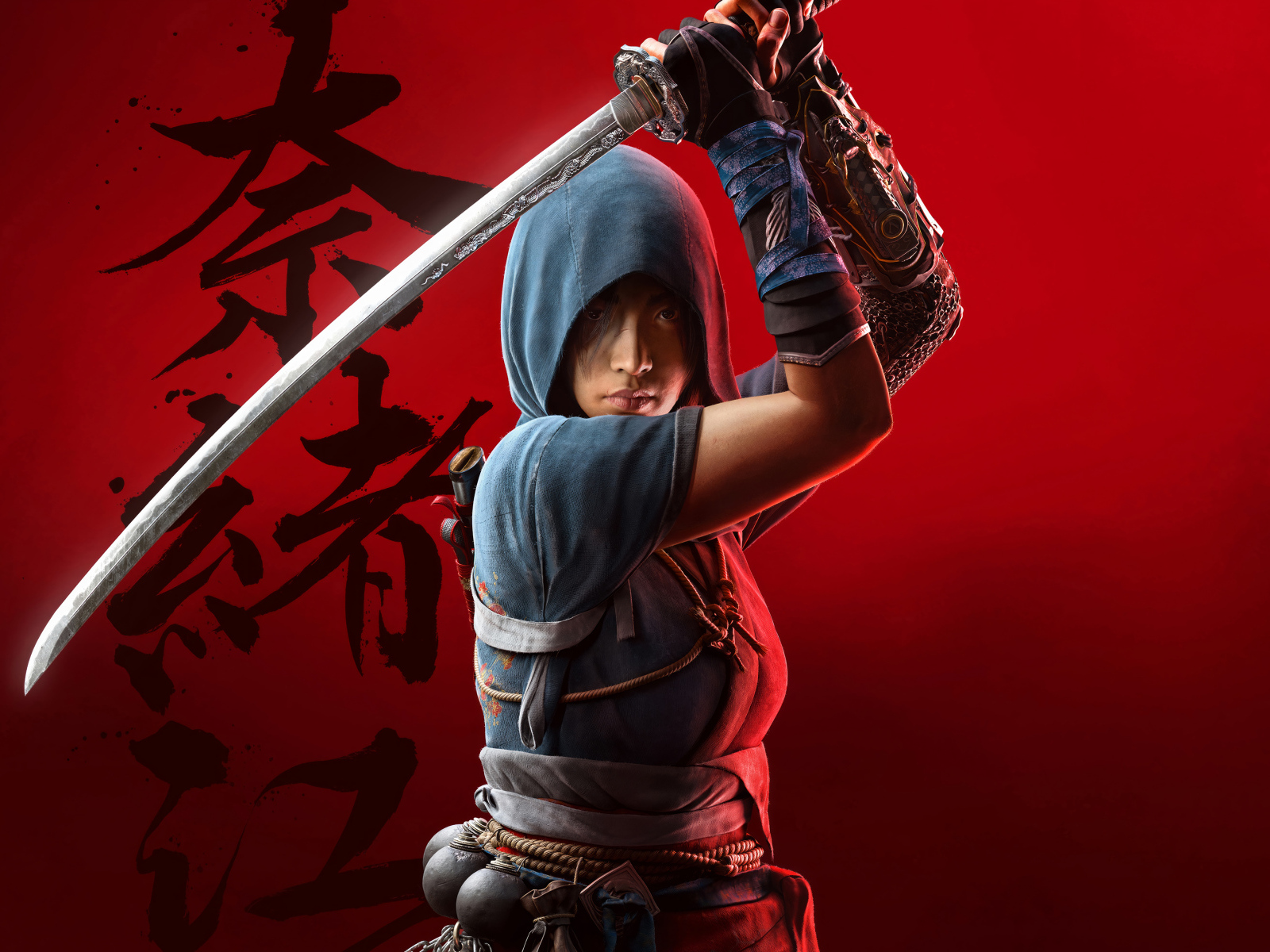 Красивая девушка самурай с катаной на красном фоне компьютерная игра Assassin’s Creed Shadows