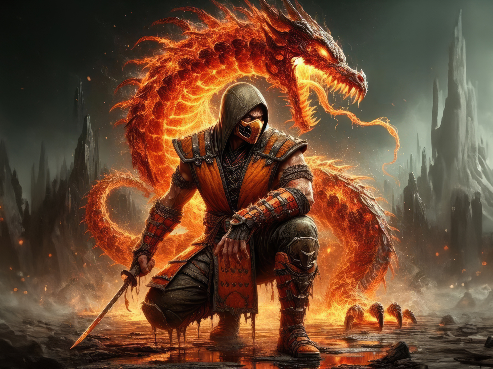 Скорпион самурай  с красным драконом