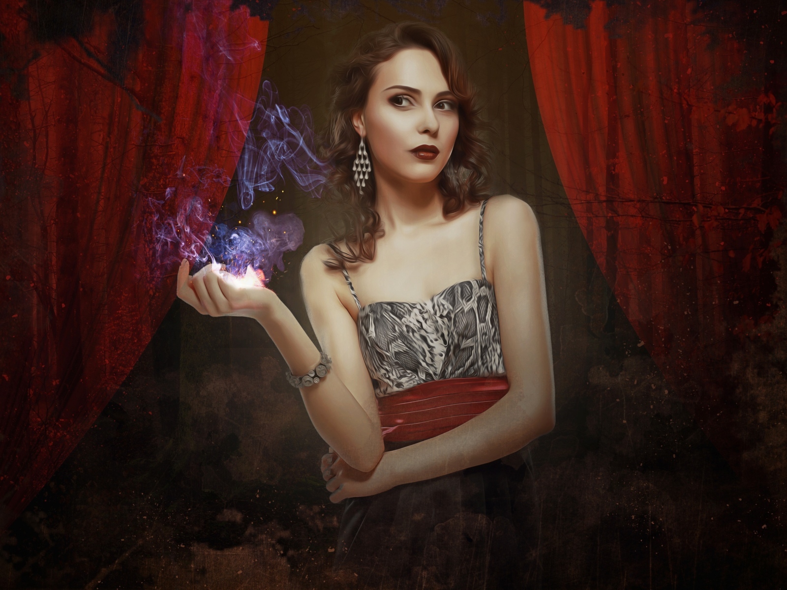 Красивая девушка на фоне красных штор