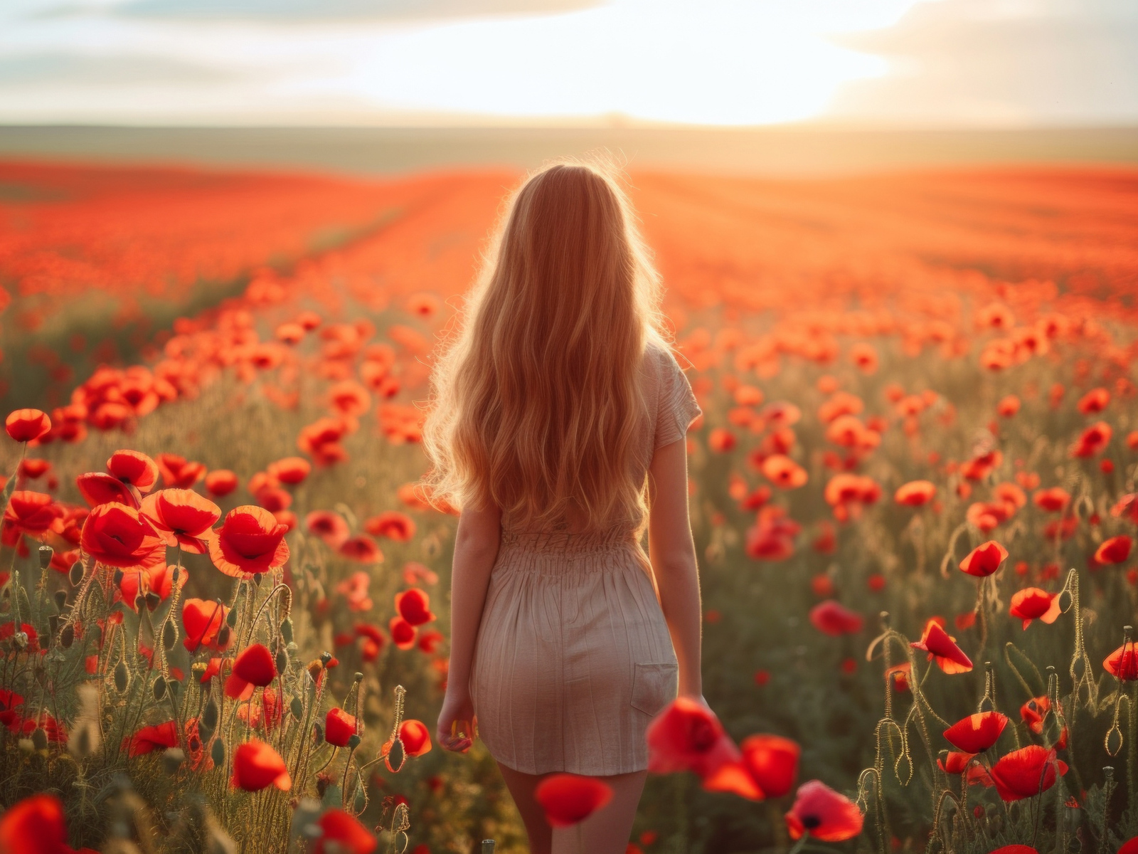 Красивая длинноволосая блондинка на поле с красными маками