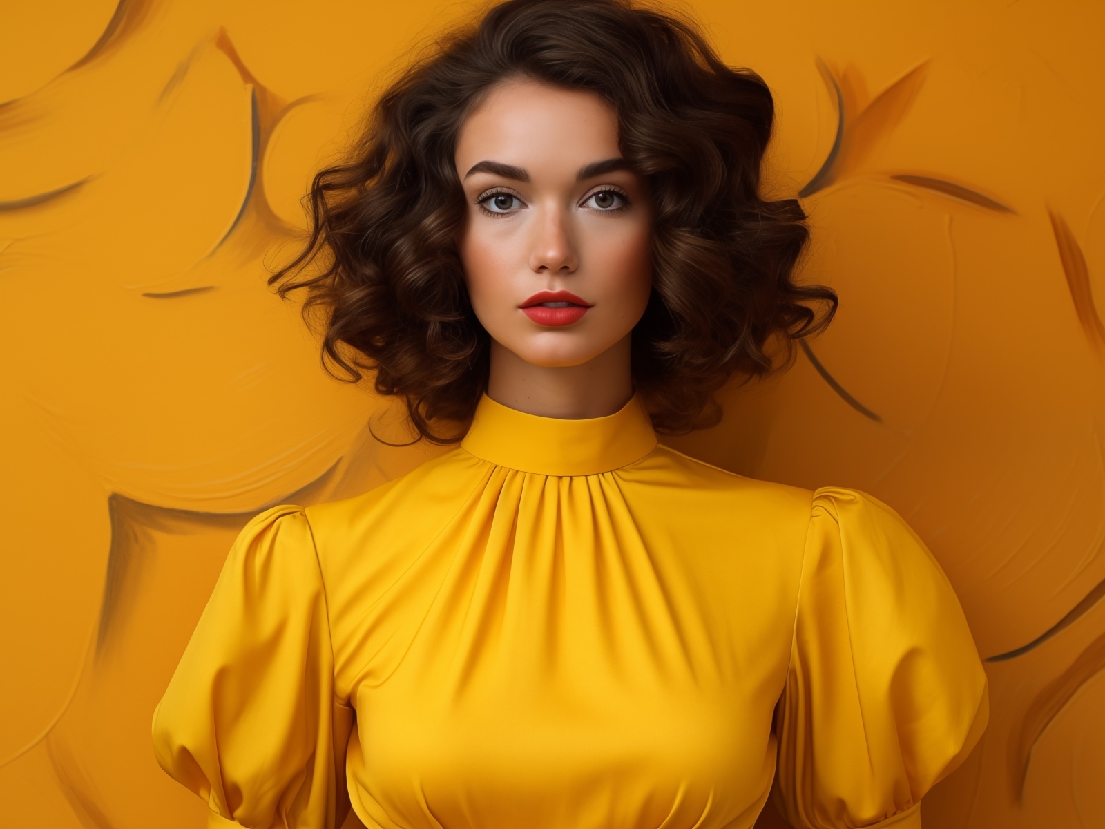 Брюнетка в желтом платье на оранжевом фоне
