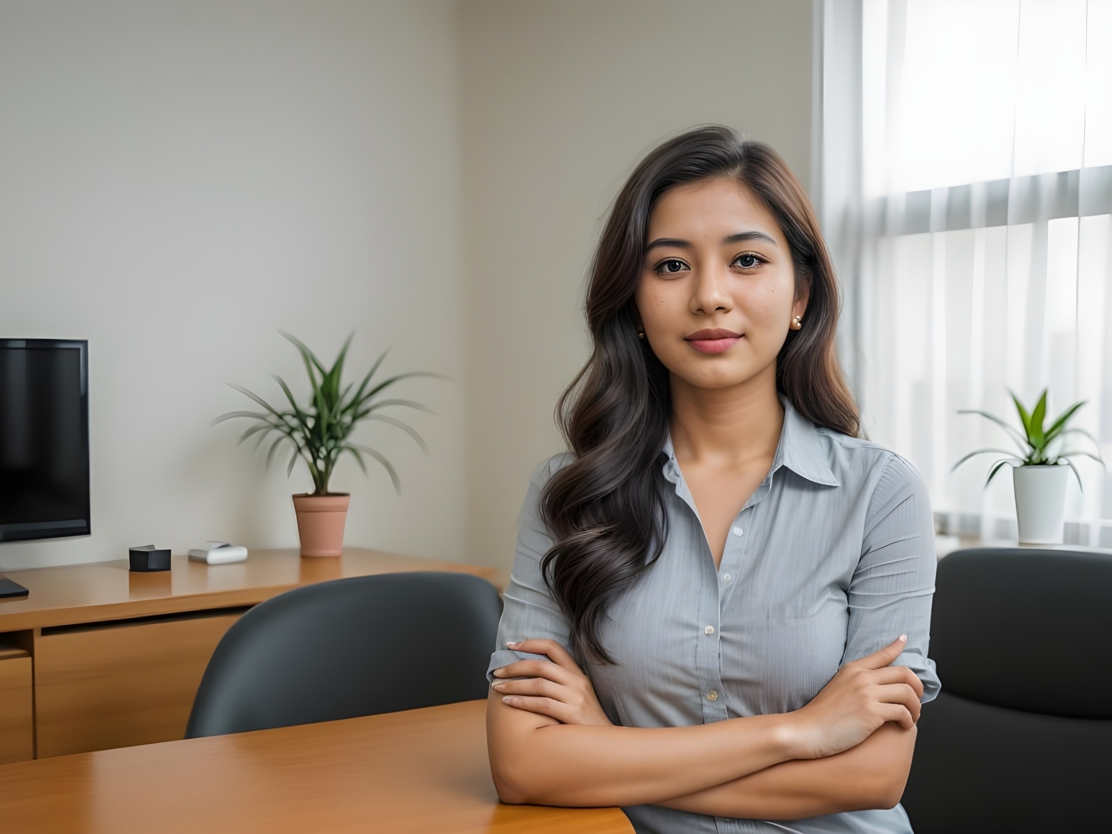 Милая девушка азиатка в серой рубашке за столом в офисе