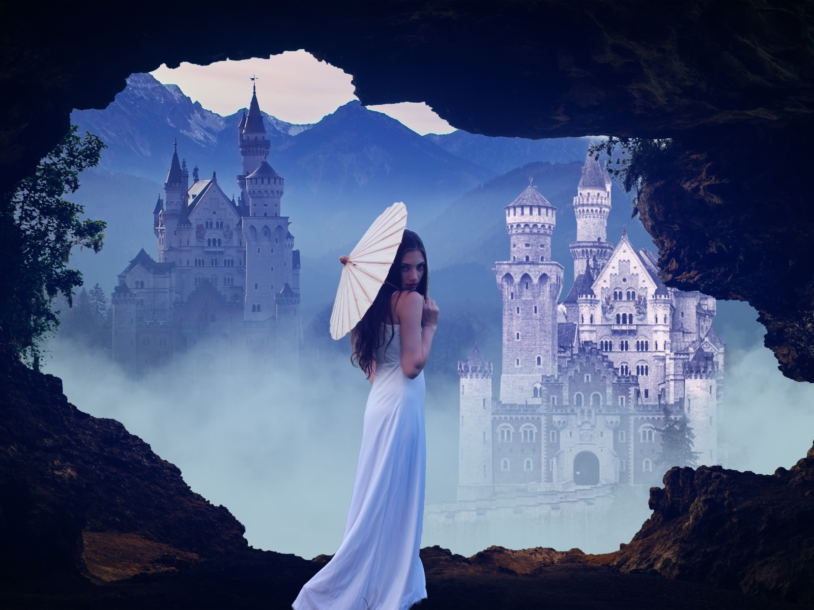 Девушка в белом платье с зонтом на фоне замка