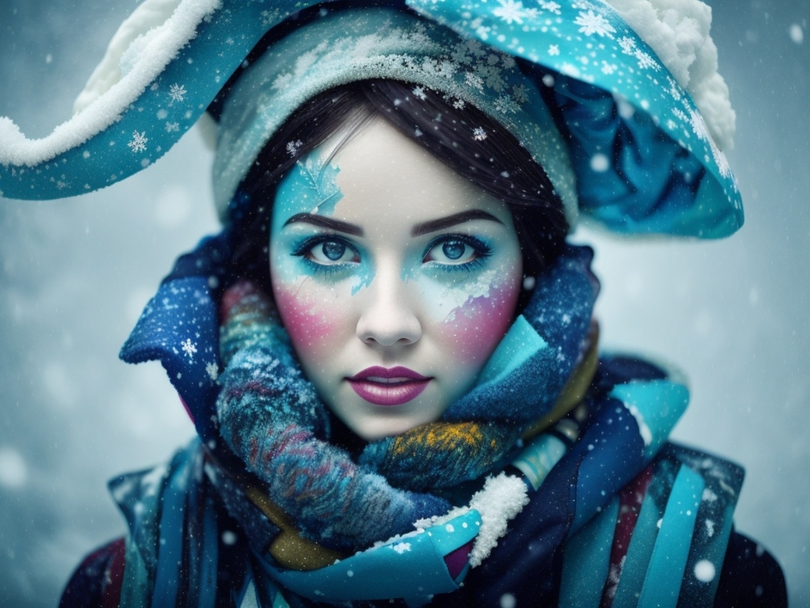 Девушка с краской на лице зимой