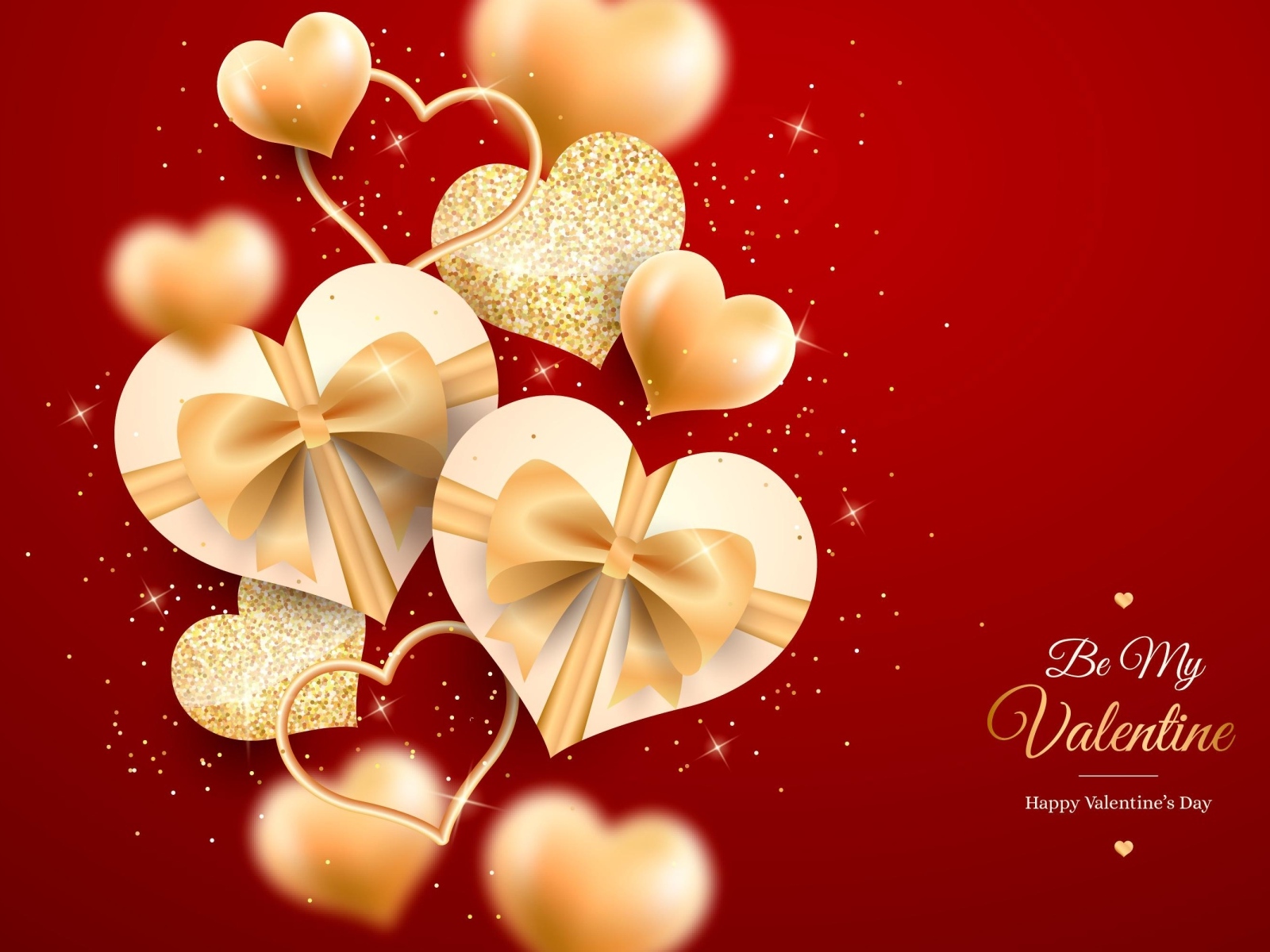 Золотые блестящие сердечки на красном фоне на День Влюбленных