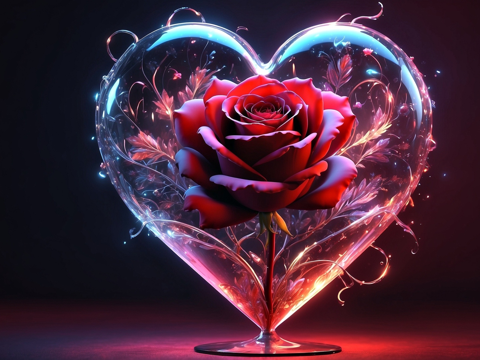 Красная роза в большом прозрачном сердце