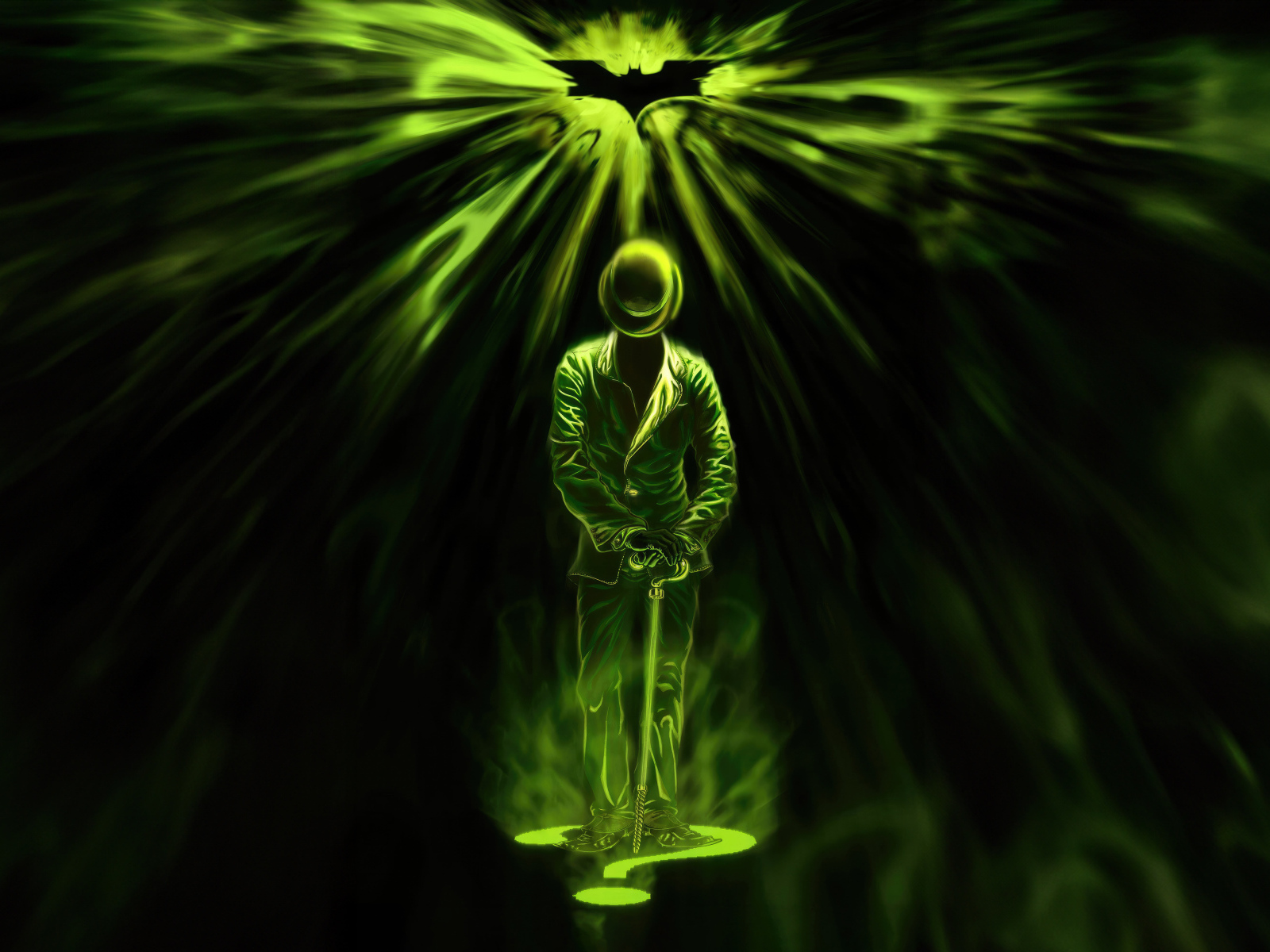 Мужчина в цилиндре с тростью в зеленом дыму