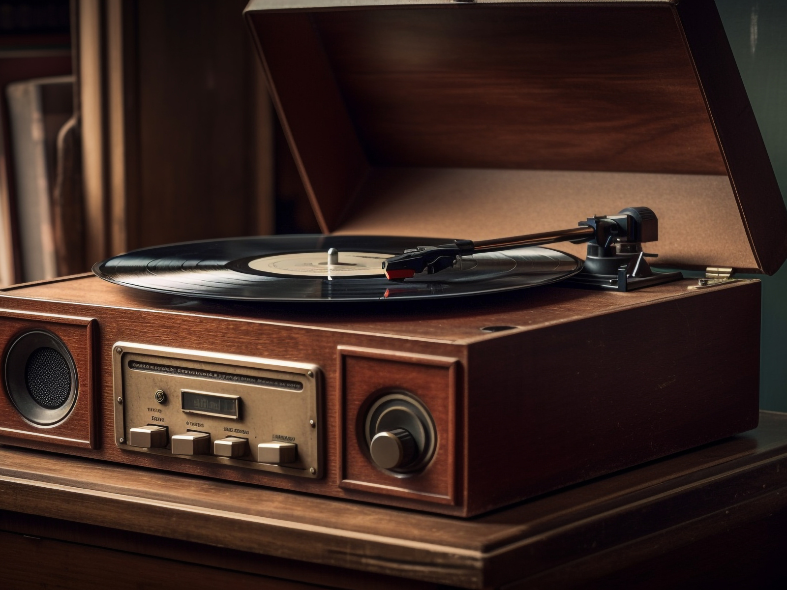 Старый виниловый проигрыватель на столе