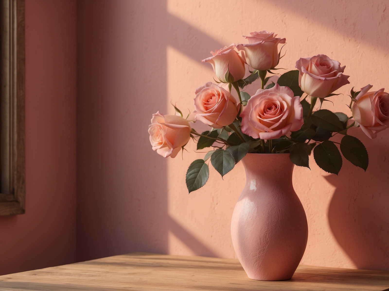 Букет нежных розовых роз в вазе у стены в лучах солнца