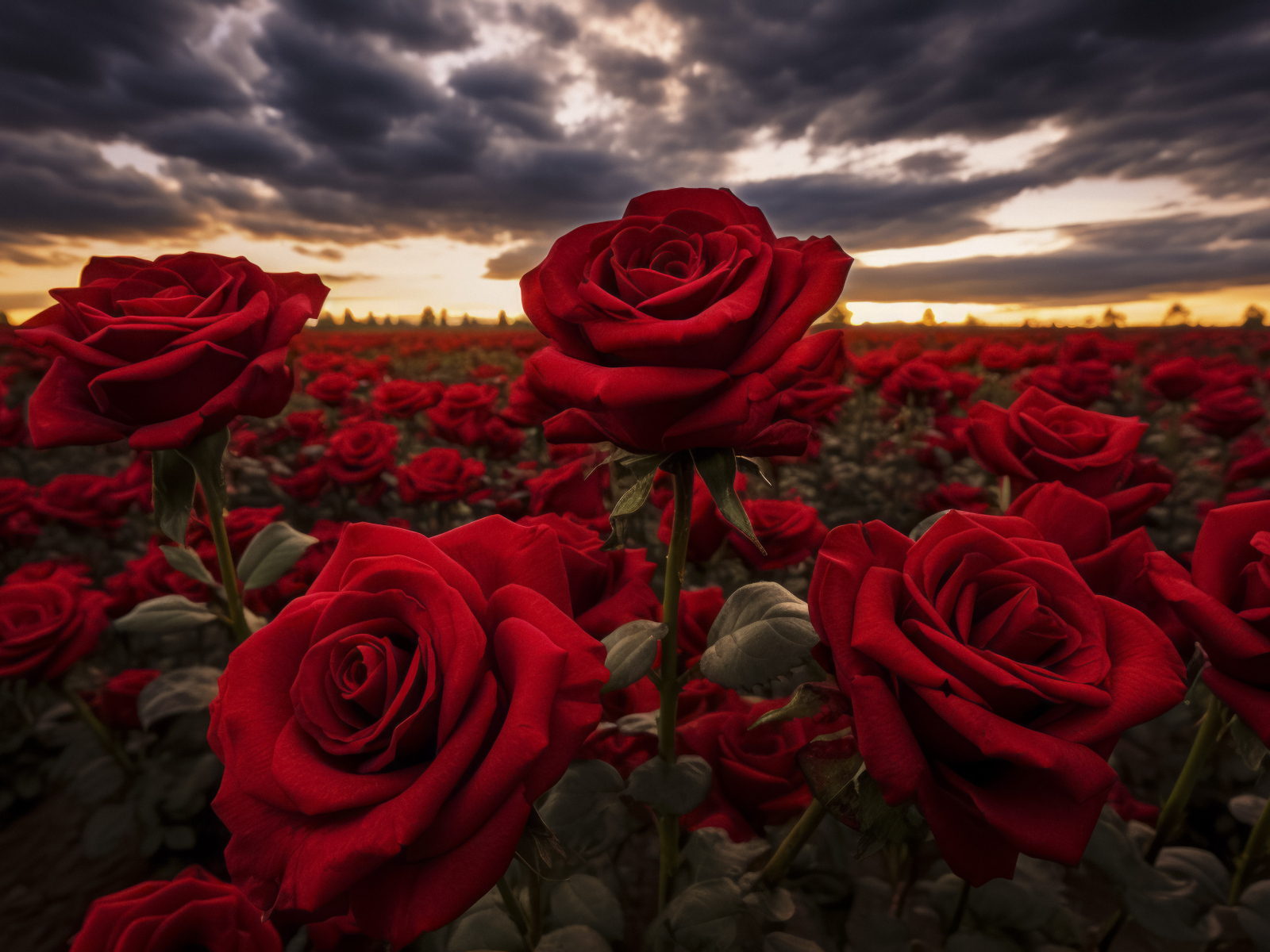 Красивые бордовые розы на поле под грозовым небом
