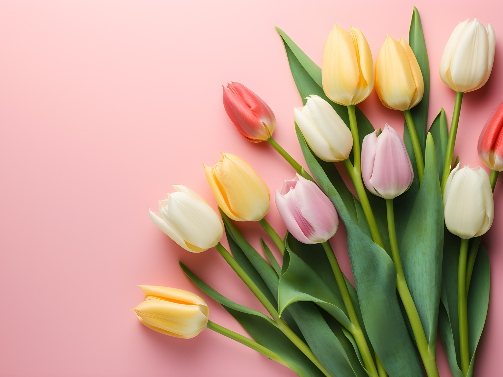 Букет нежных свежих тюльпанов на розовом фоне