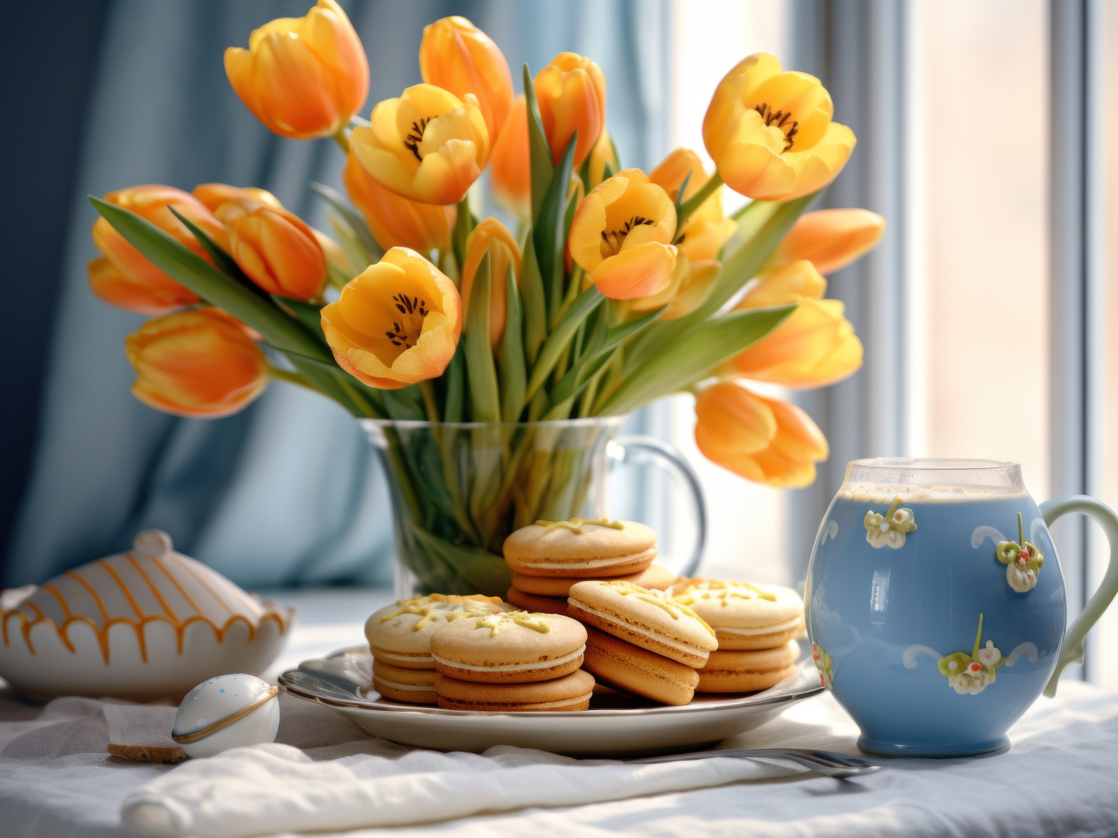 Букет оранжевых тюльпанов с печеньем на столе
