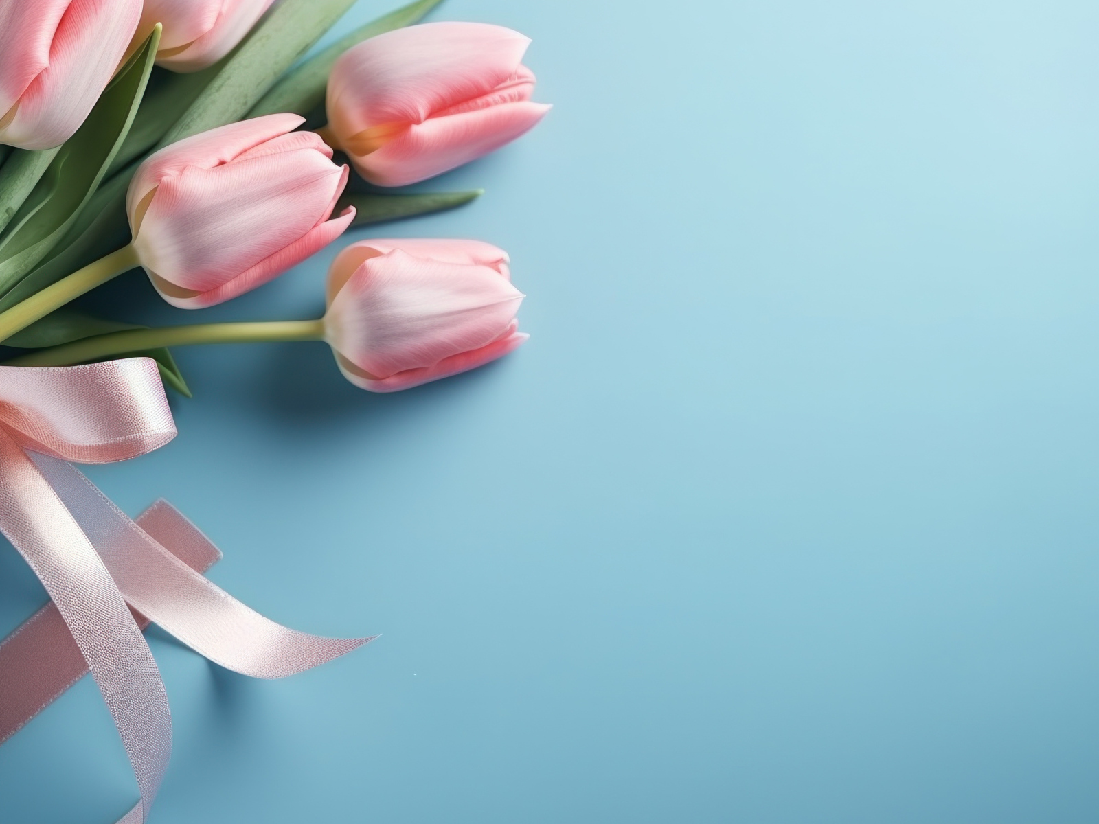 Букет розовых тюльпанов с лентой на голубом фоне