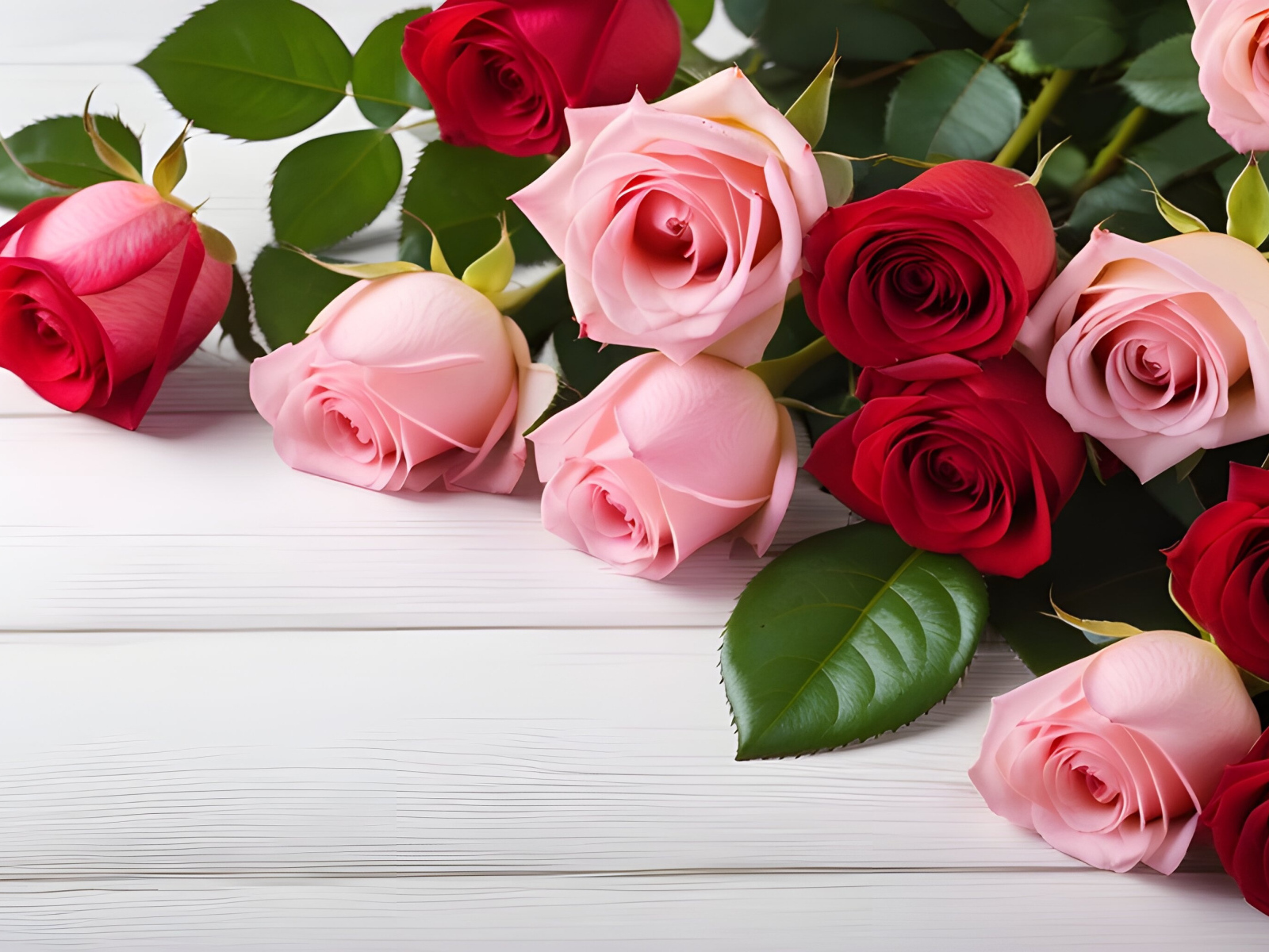 Букет красных и розовых роз на белом столе