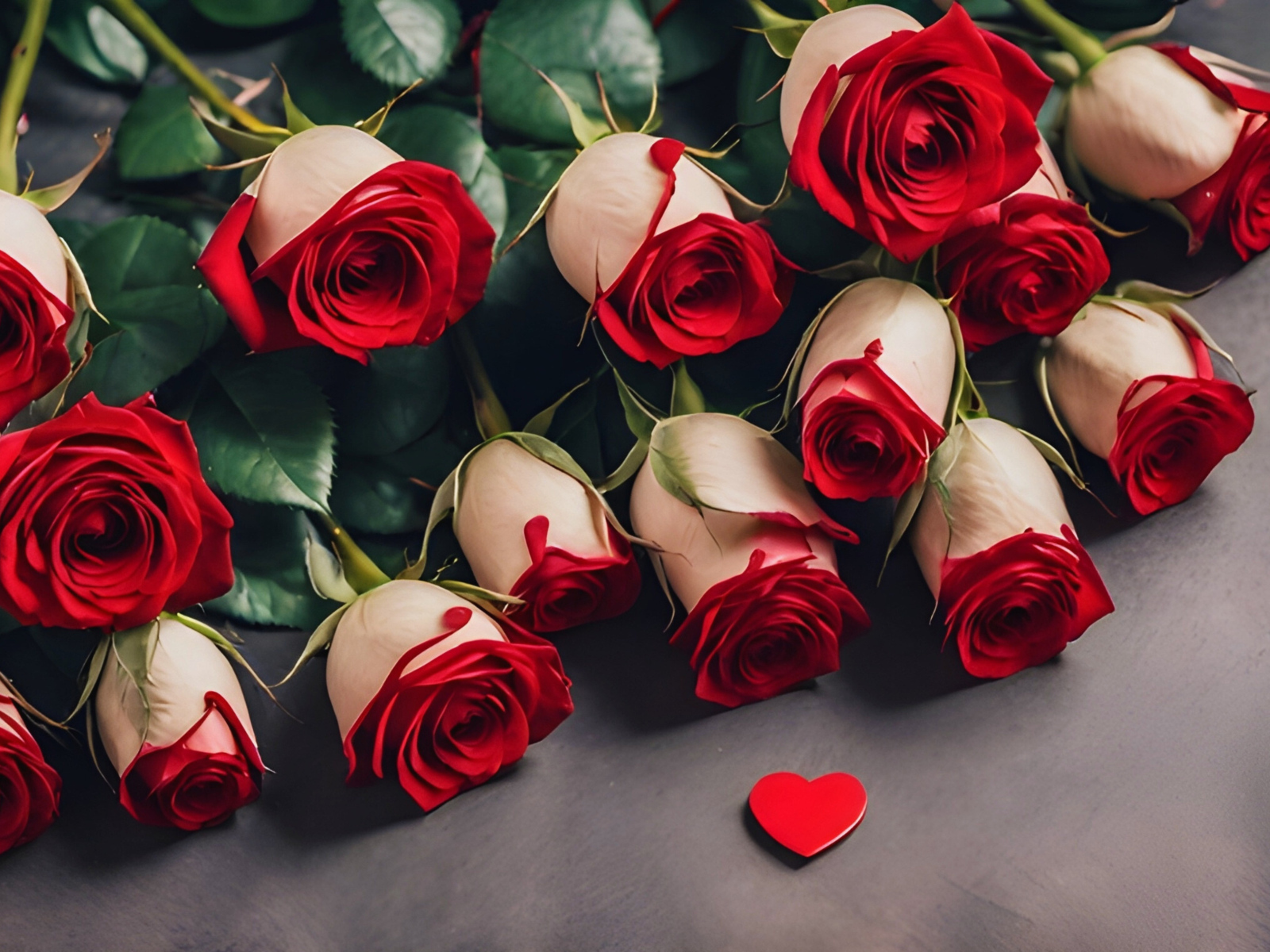 Букет красных роз с сердцем на сером столе