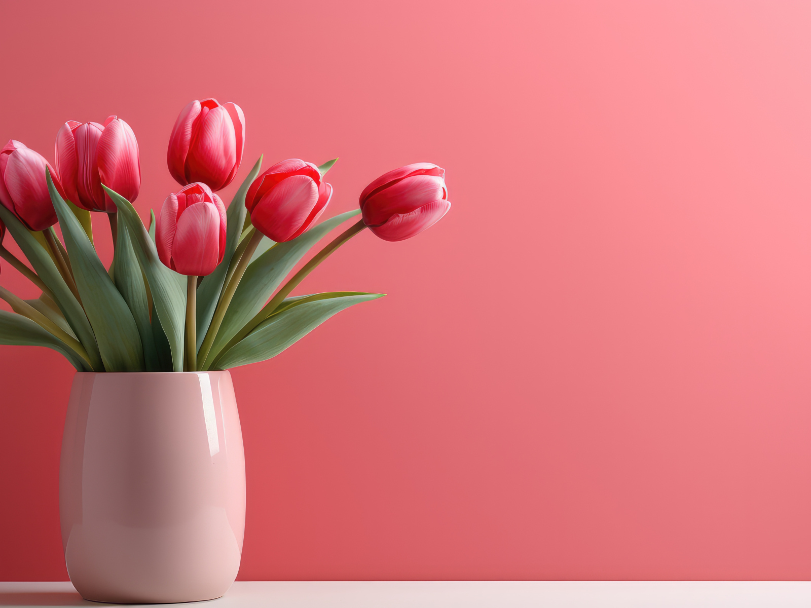 Букет тюльпанов в белой вазе на розовом фоне