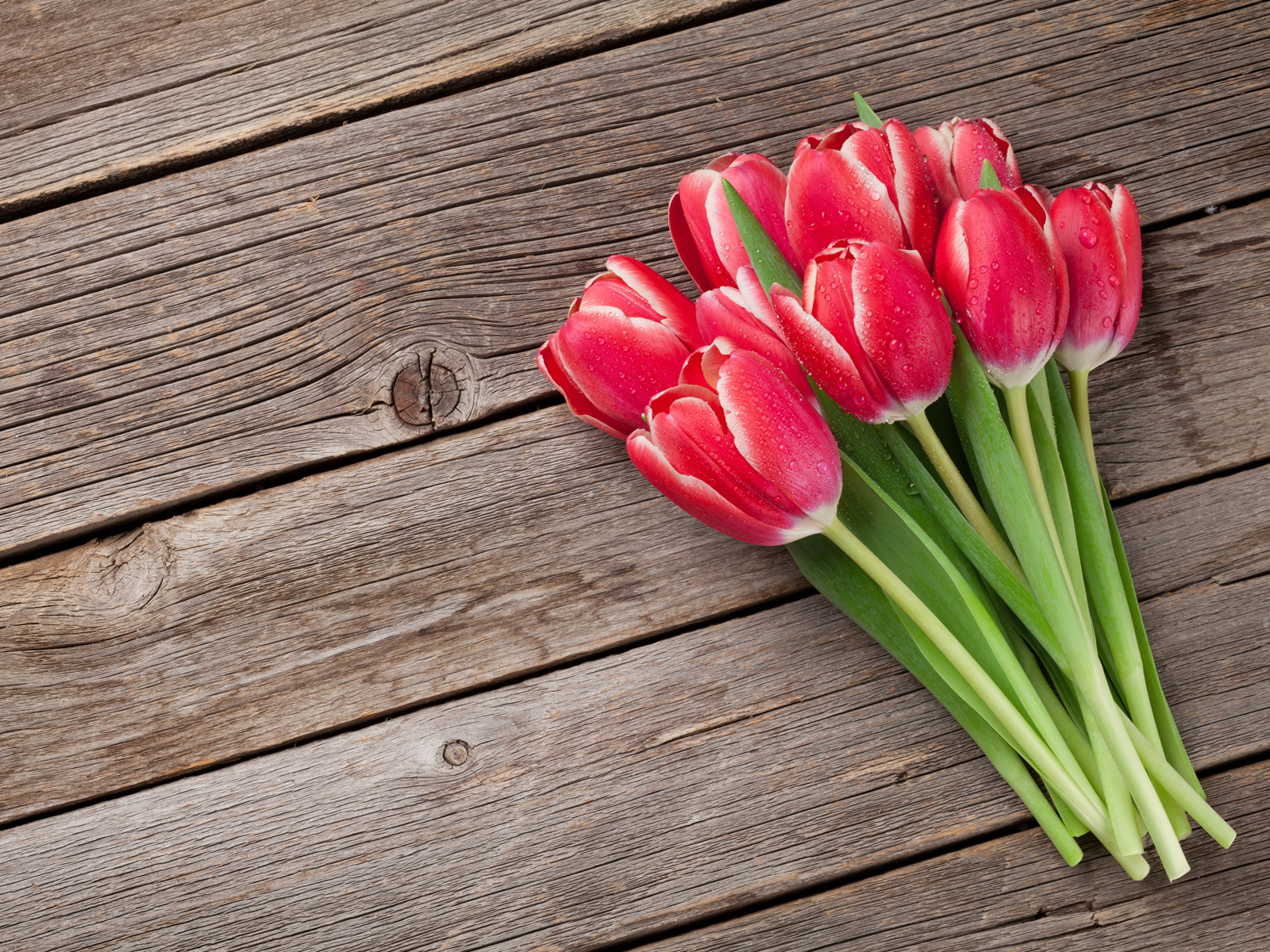 Букет мокрых красных тюльпанов на деревянном столе