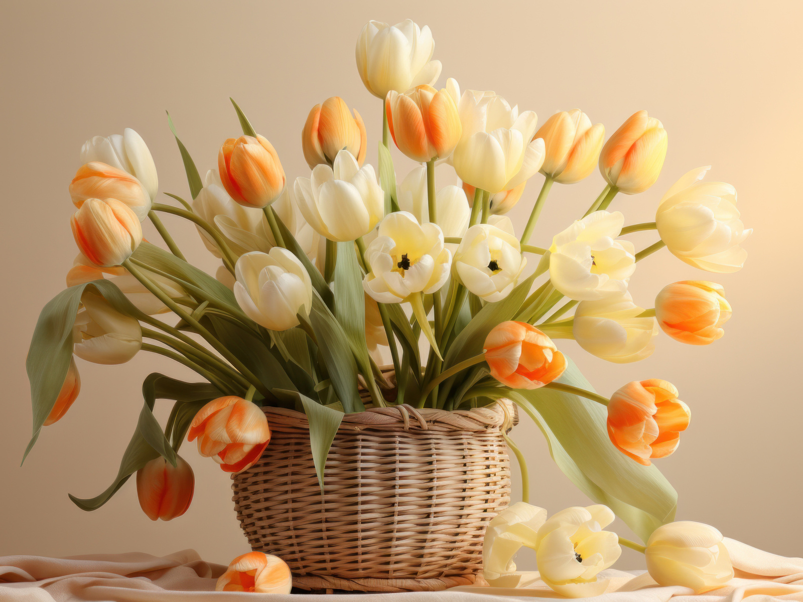 Букет белых и оранжевых тюльпанов в корзине