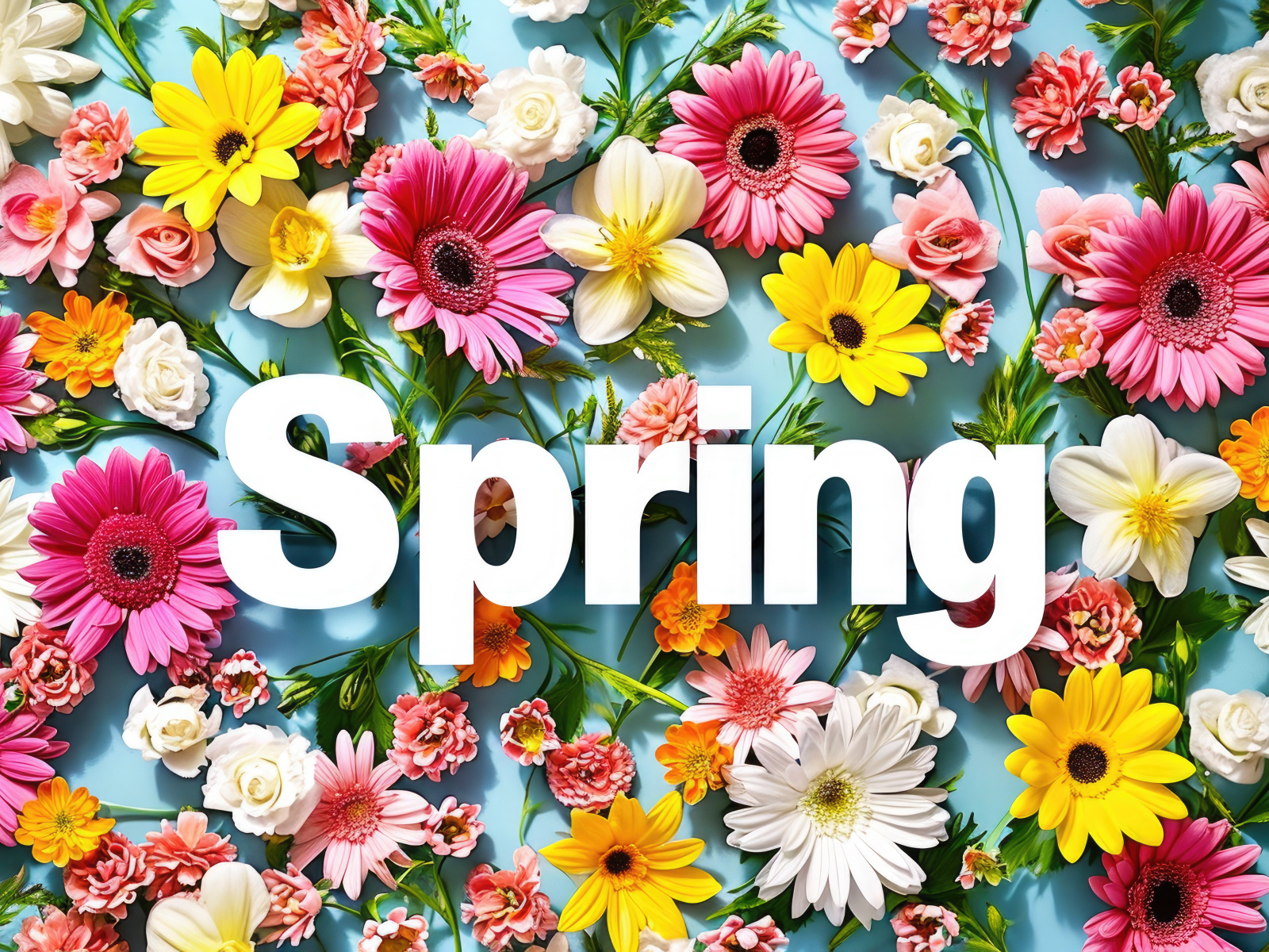 Много разноцветных цветов на голубом фоне с надписью весна