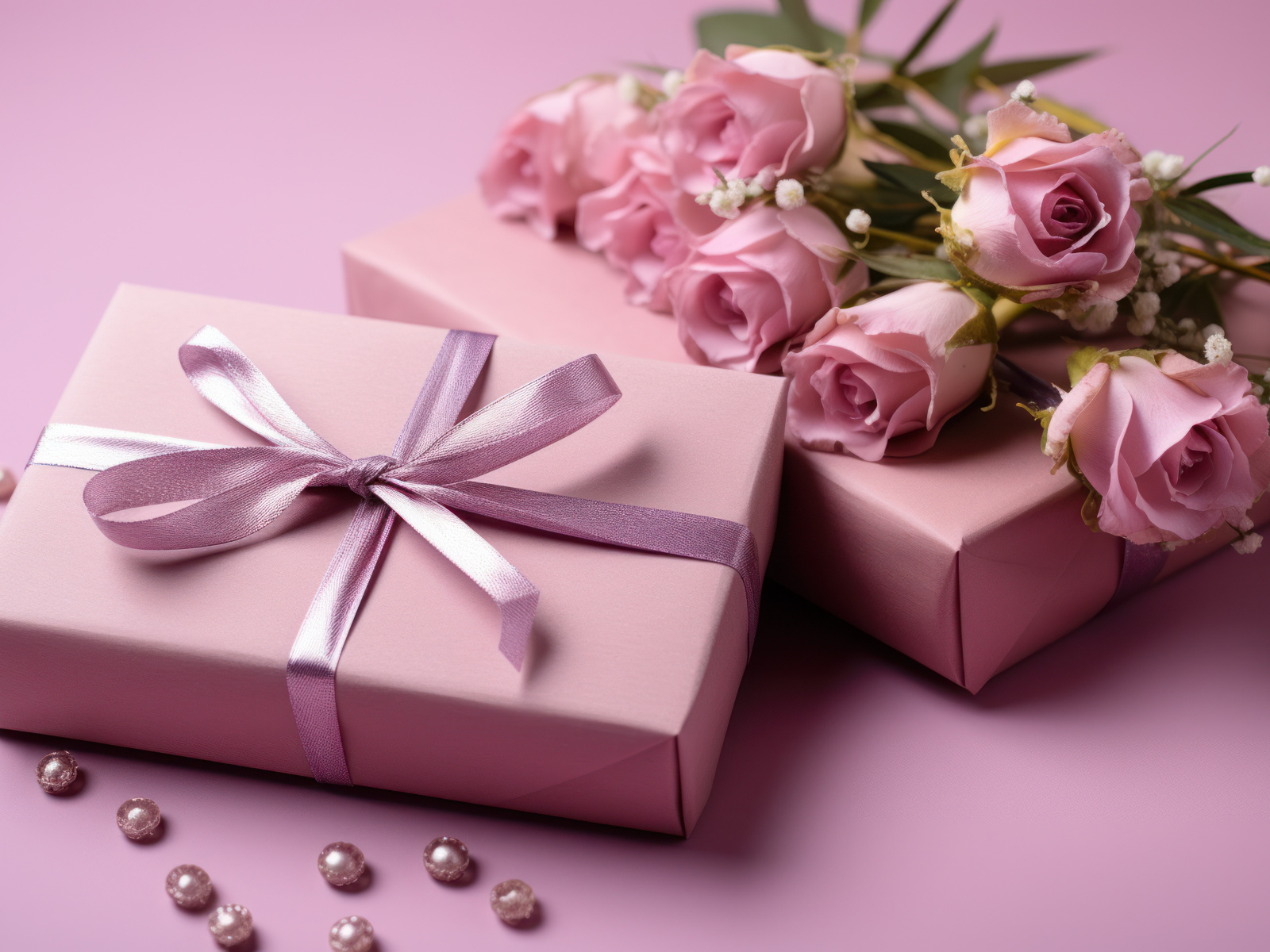 Розовые розы с подарками на столе
