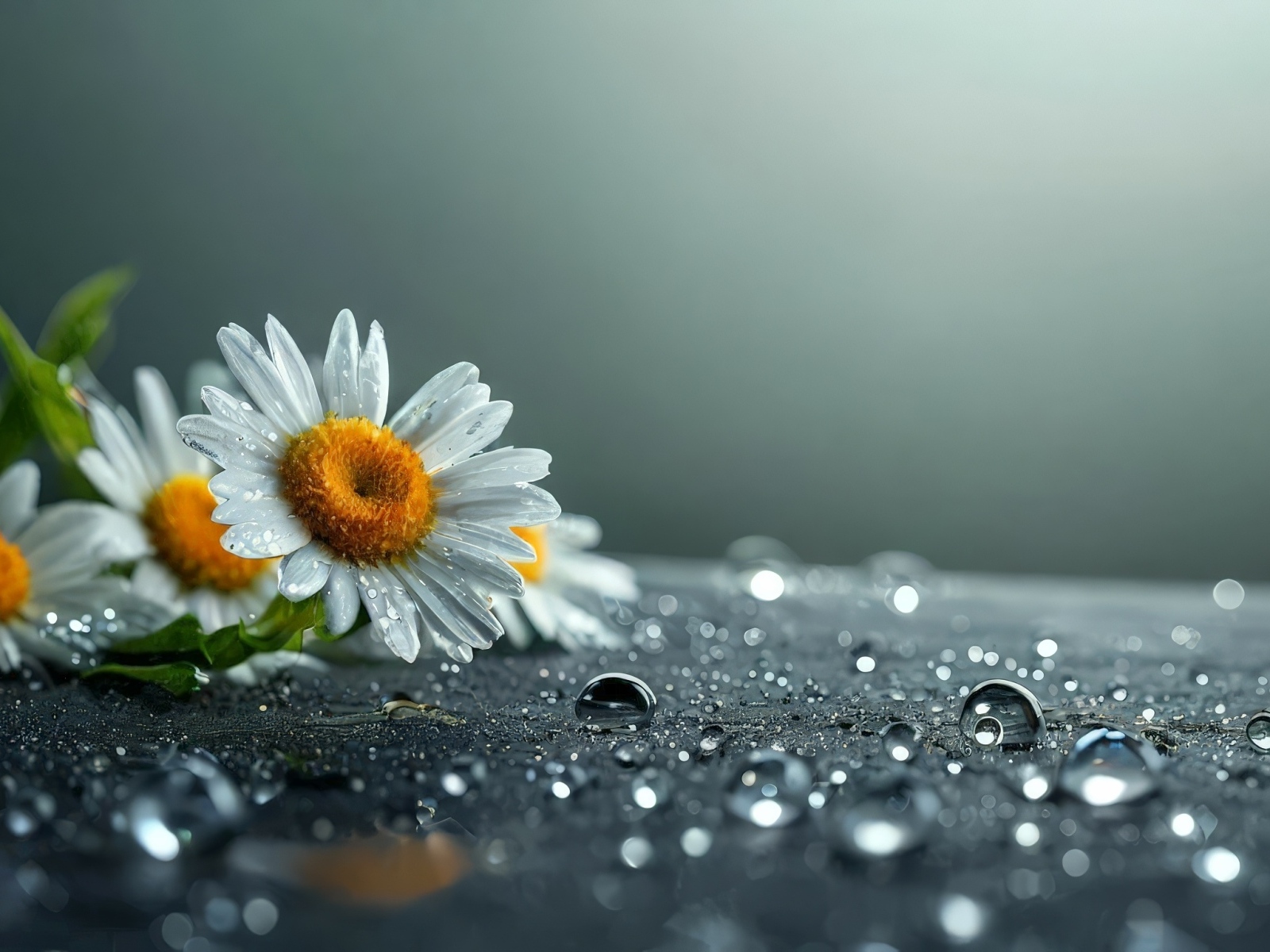 Несколько ромашек лежат на поверхности, покрытой каплями воды