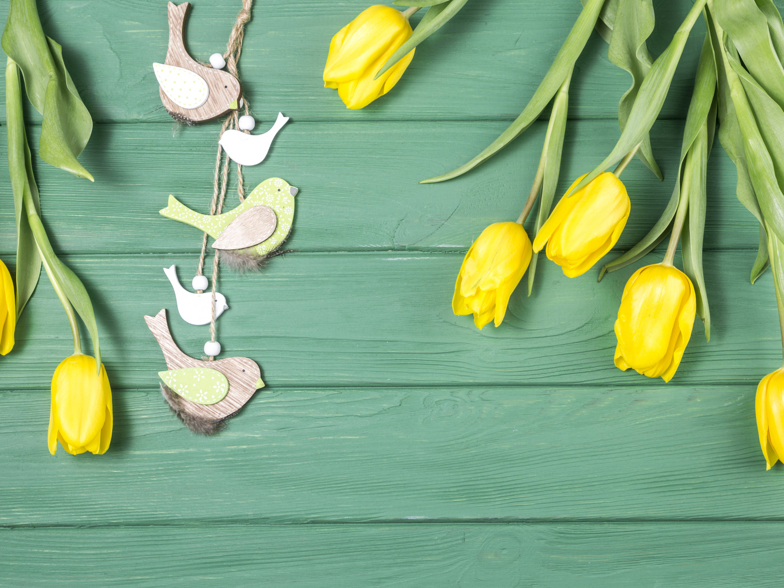 Желтые тюльпаны на голубом фоне с птичками